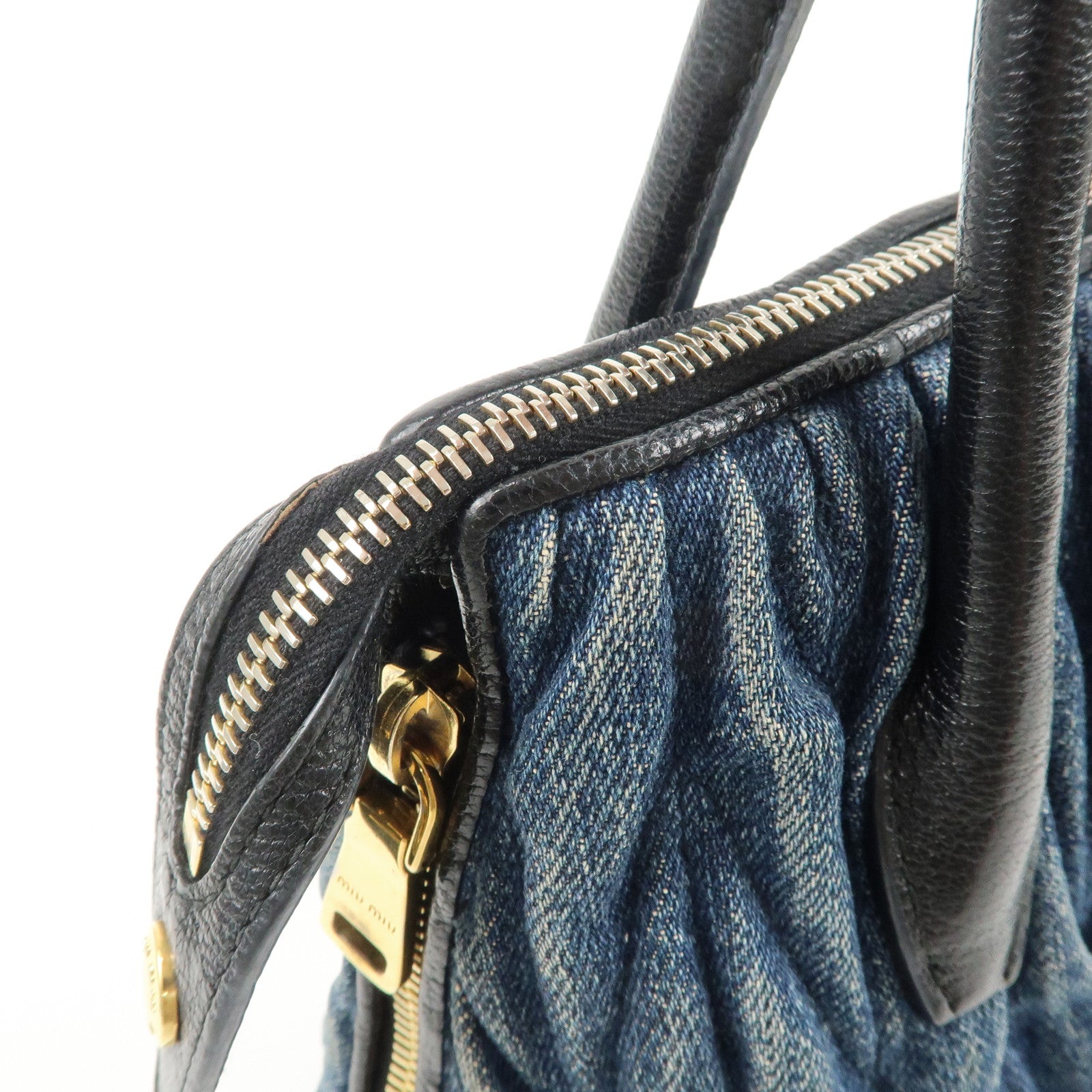 MIUMIU Matelasse Leather Denim 2Way Bag Black Indigo Blue 5BA003 Used