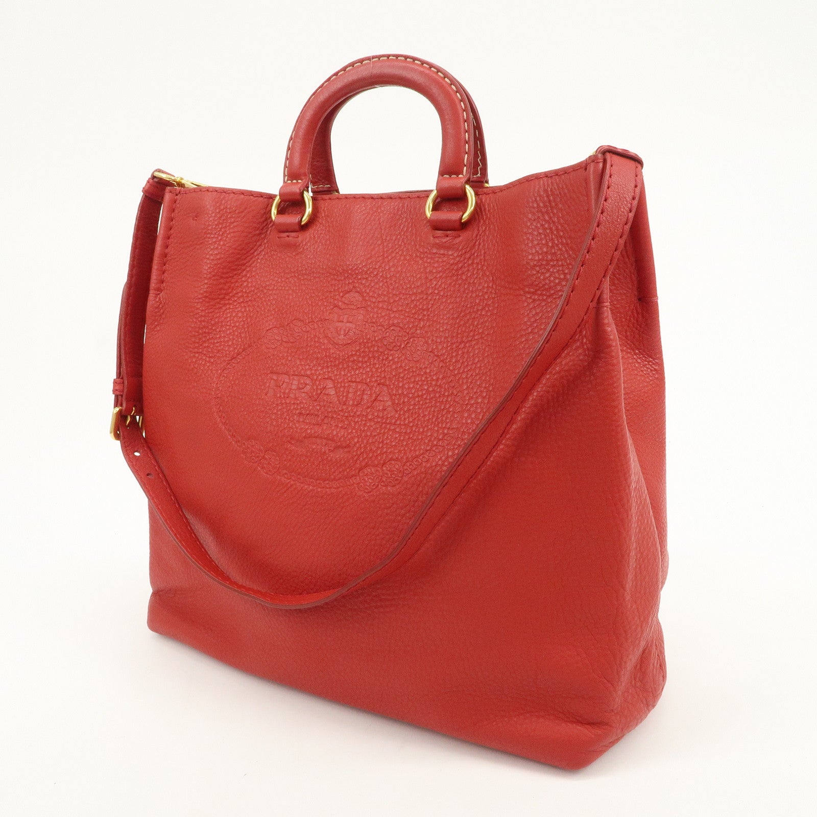 PRADA Vitello Daino Leather 2Way Tote Bag Shoulder Bag Red BR4617
