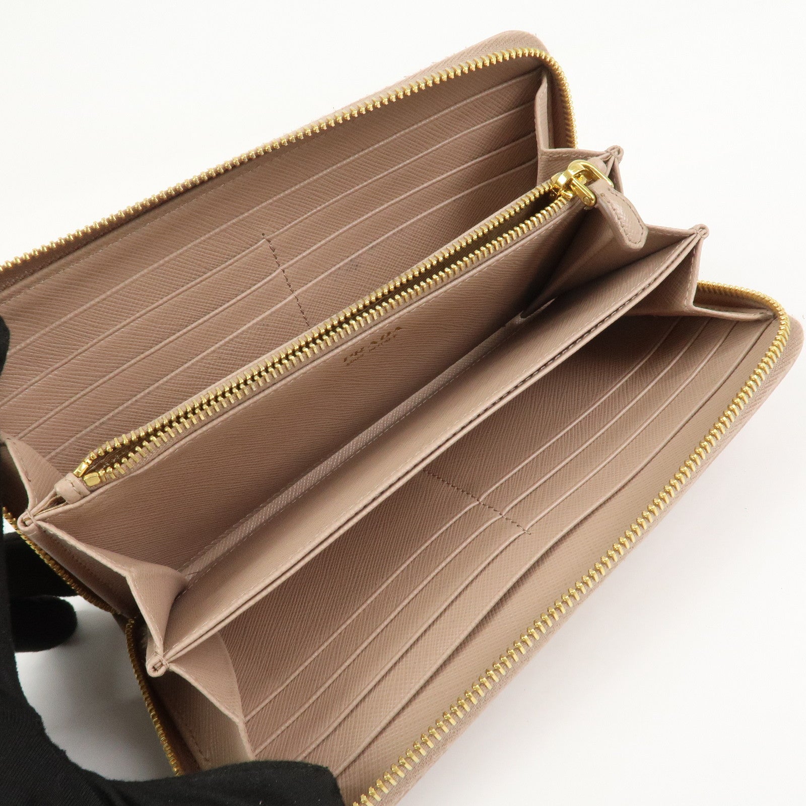 PRADA Logo Saffiano Leather Round Zippy Long Wallet Beige 1ML506