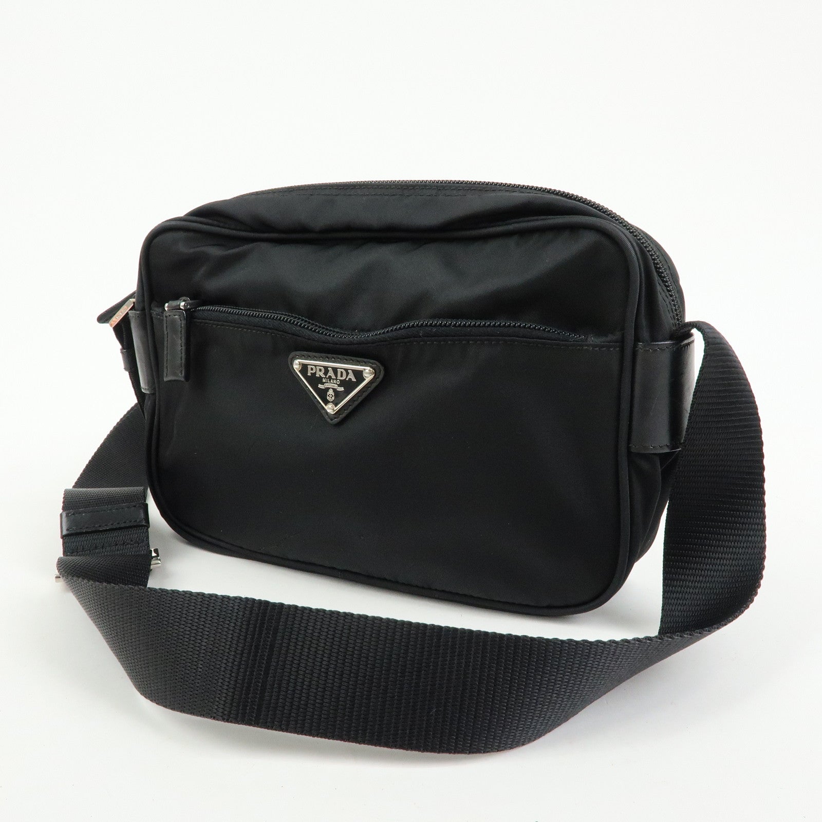 PRADA Triangle Logo Nylon Leather Shoulder Crossbody Bag Black