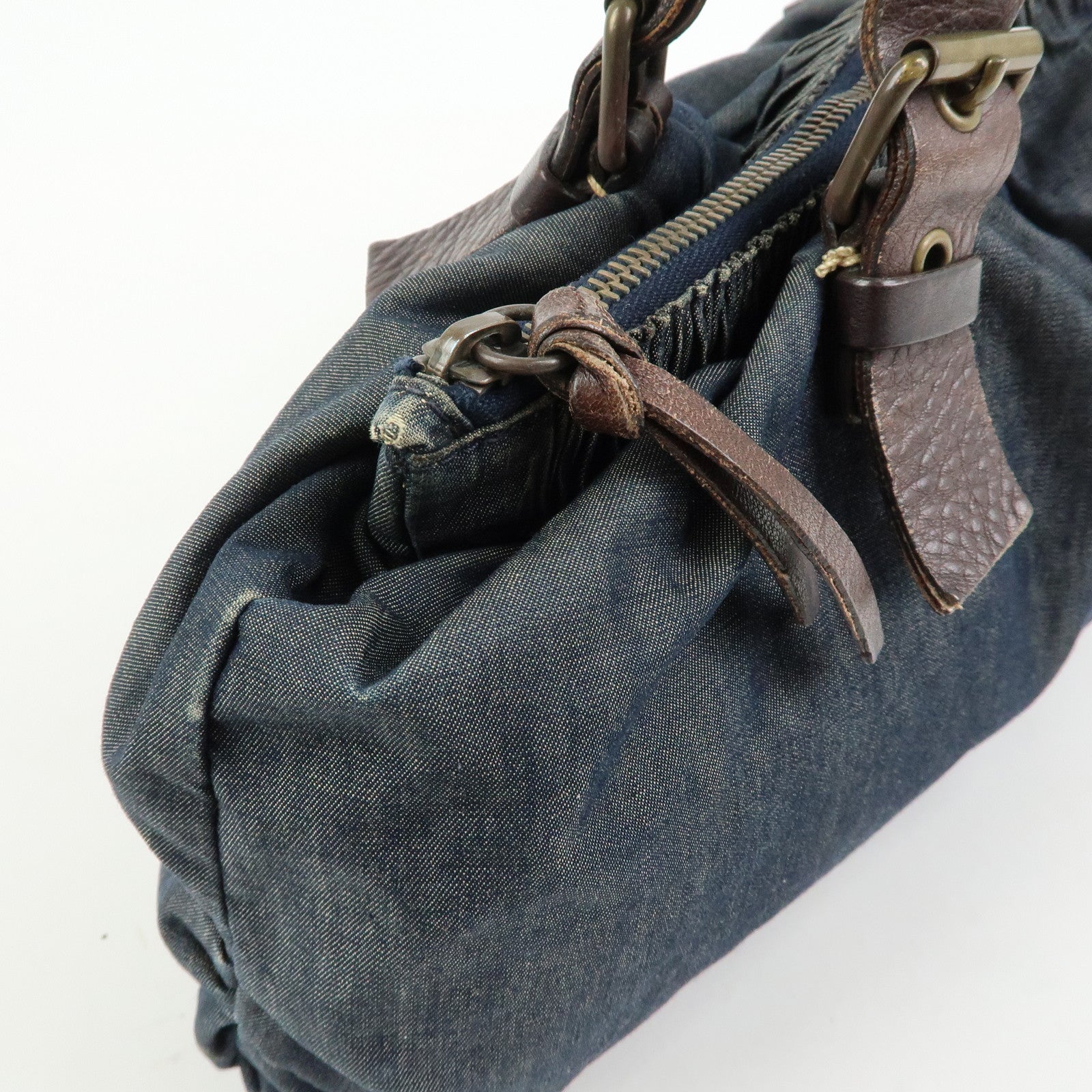 MIU MIU Denim Leather Shoulder Bag Hand Bag Indigo Blue Brown