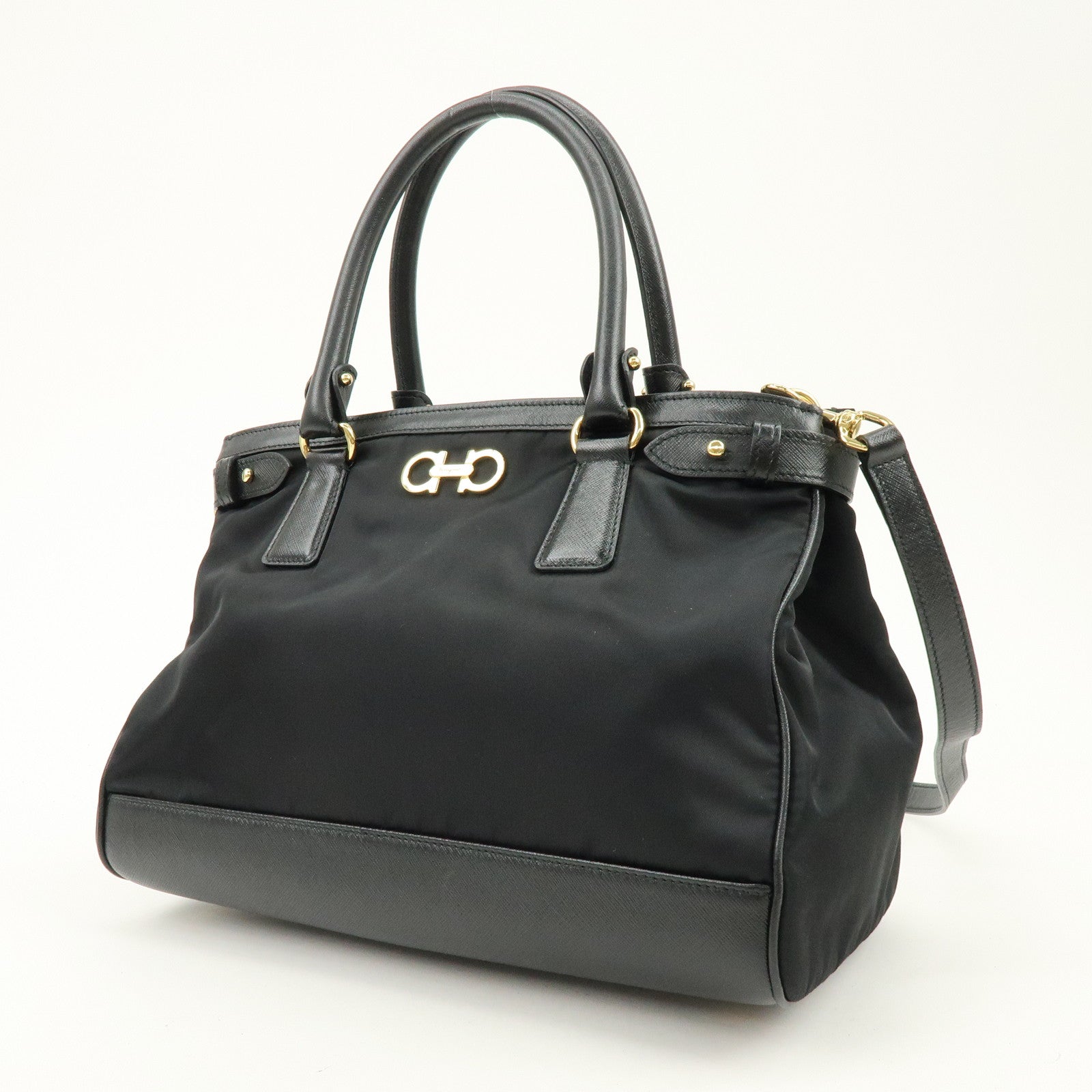 Ferragamo Gancini Nylon Leather 2Way Bag Hand Shoulder Bag Black