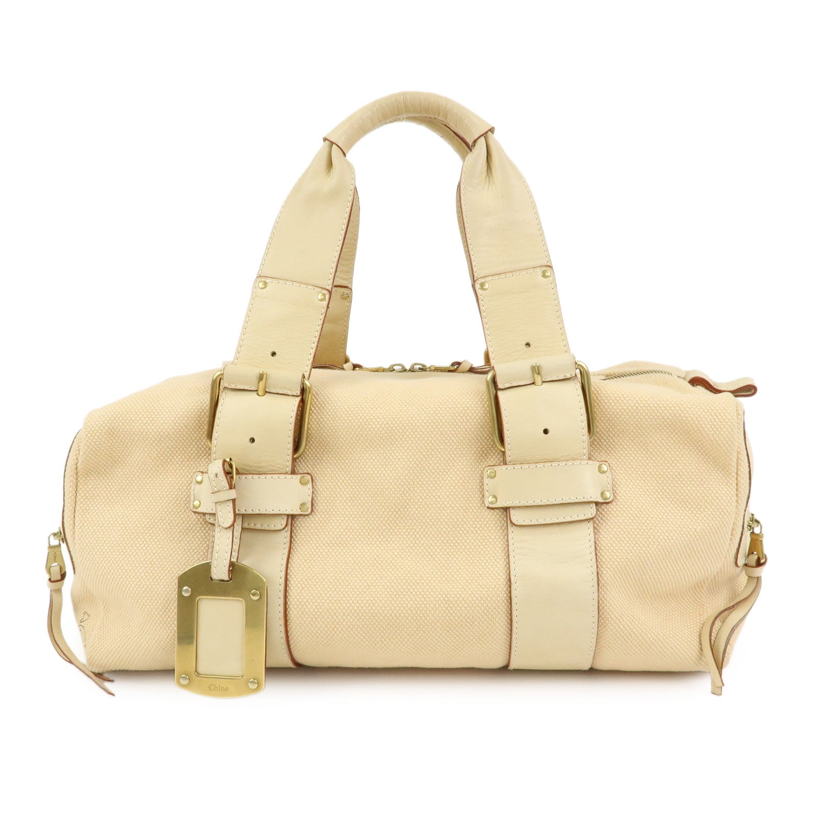 Chloe Cotton Leather Boston Bag Hand Bag Shoulder Bag Beige