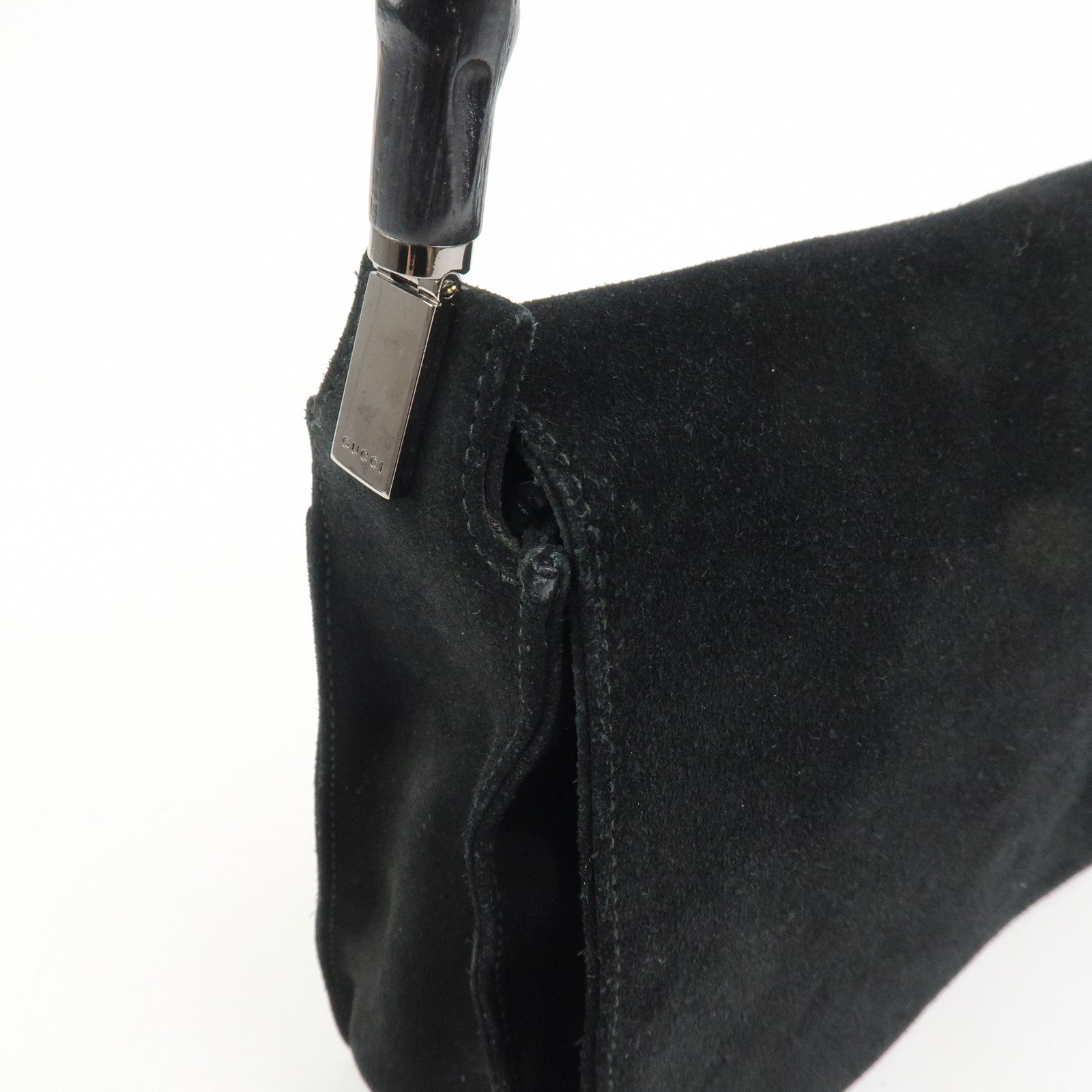 GUCCI Bamboo Suede Shoulder Bag Hand Bag Black 001・3239