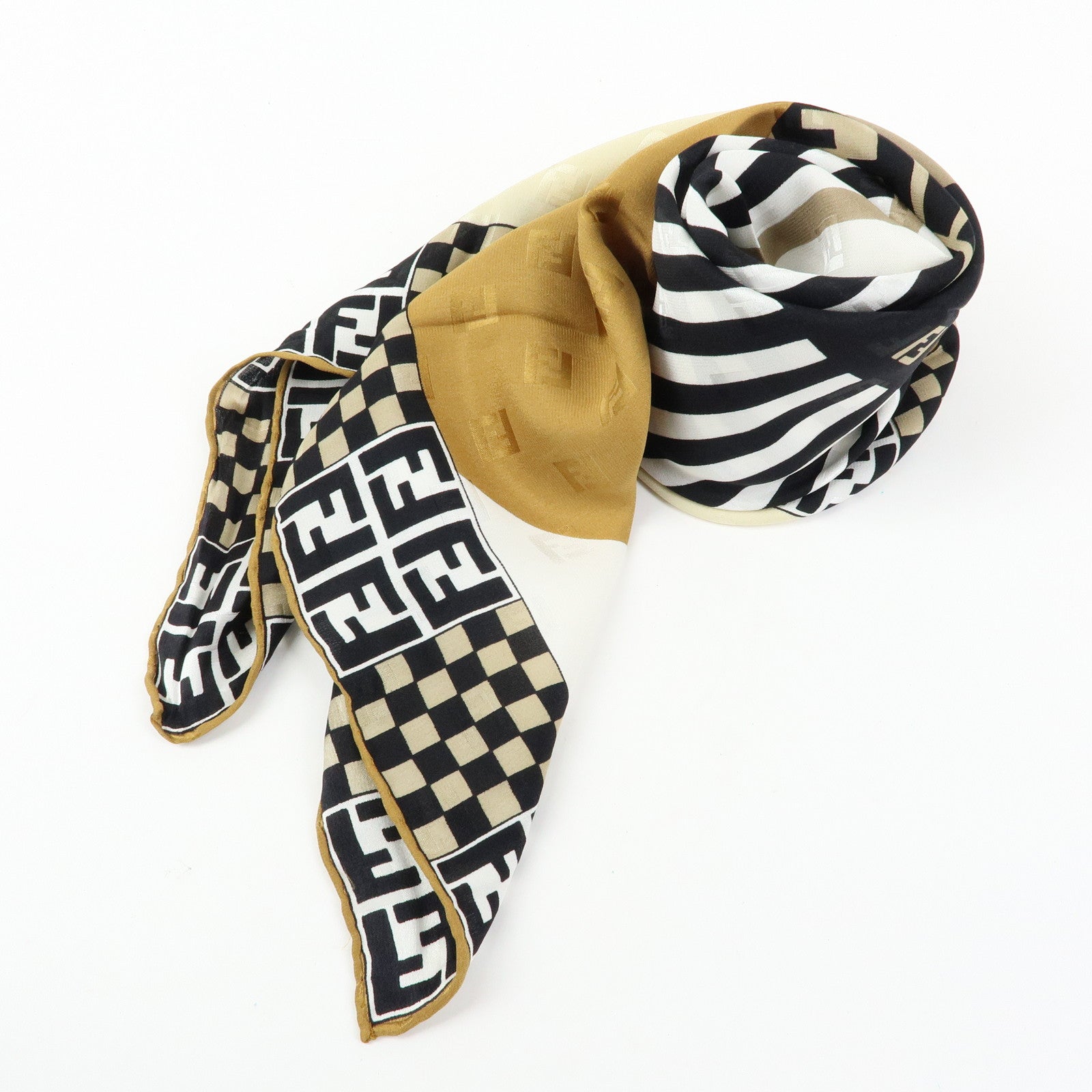 FENDI Zucca Silk 100% Scarf Black Beige Brown