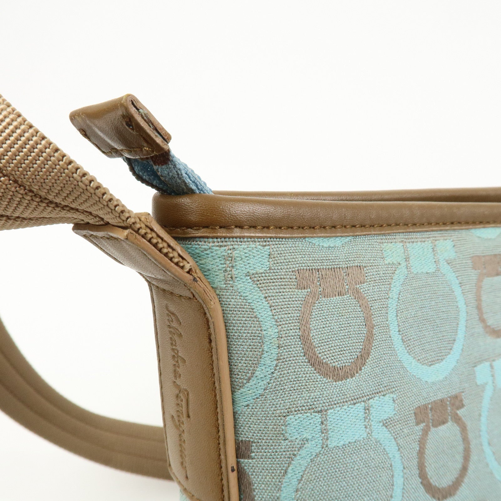 Ferragamo Gancini Logo Canvas Leather Shoulder Bag Light Blue Brown