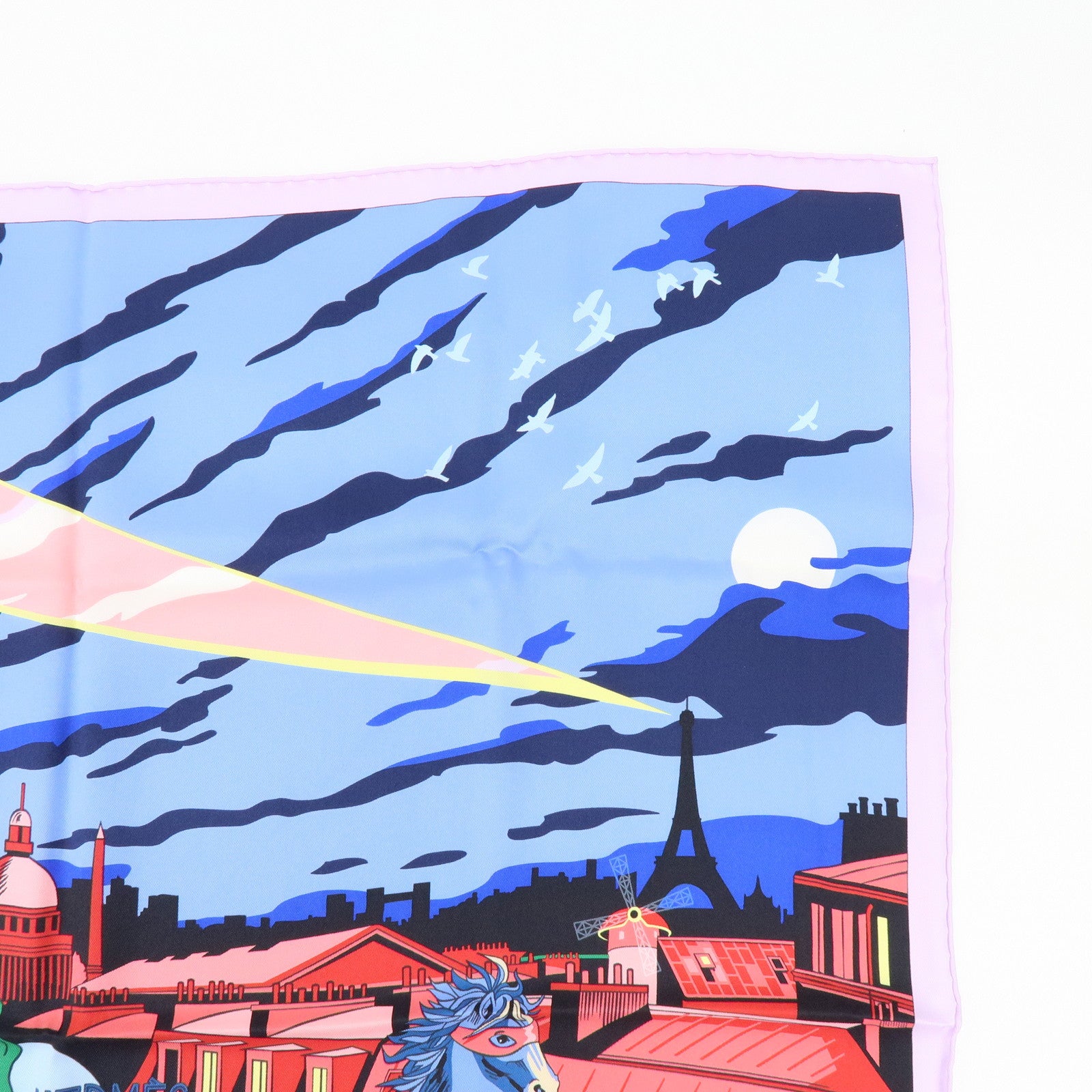 HERMES Carre 70 Silk 100% Scarf MINUIT AU FAUBOURG Blue Pink