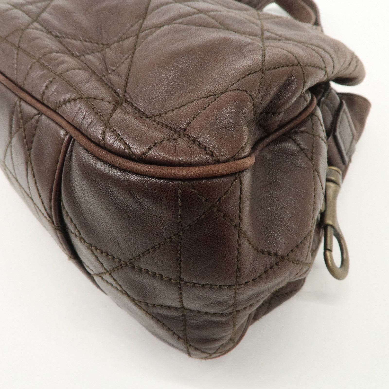 Christian Dior Canage Leather Shoulder Bag Dark Brown Gold Hardware Used