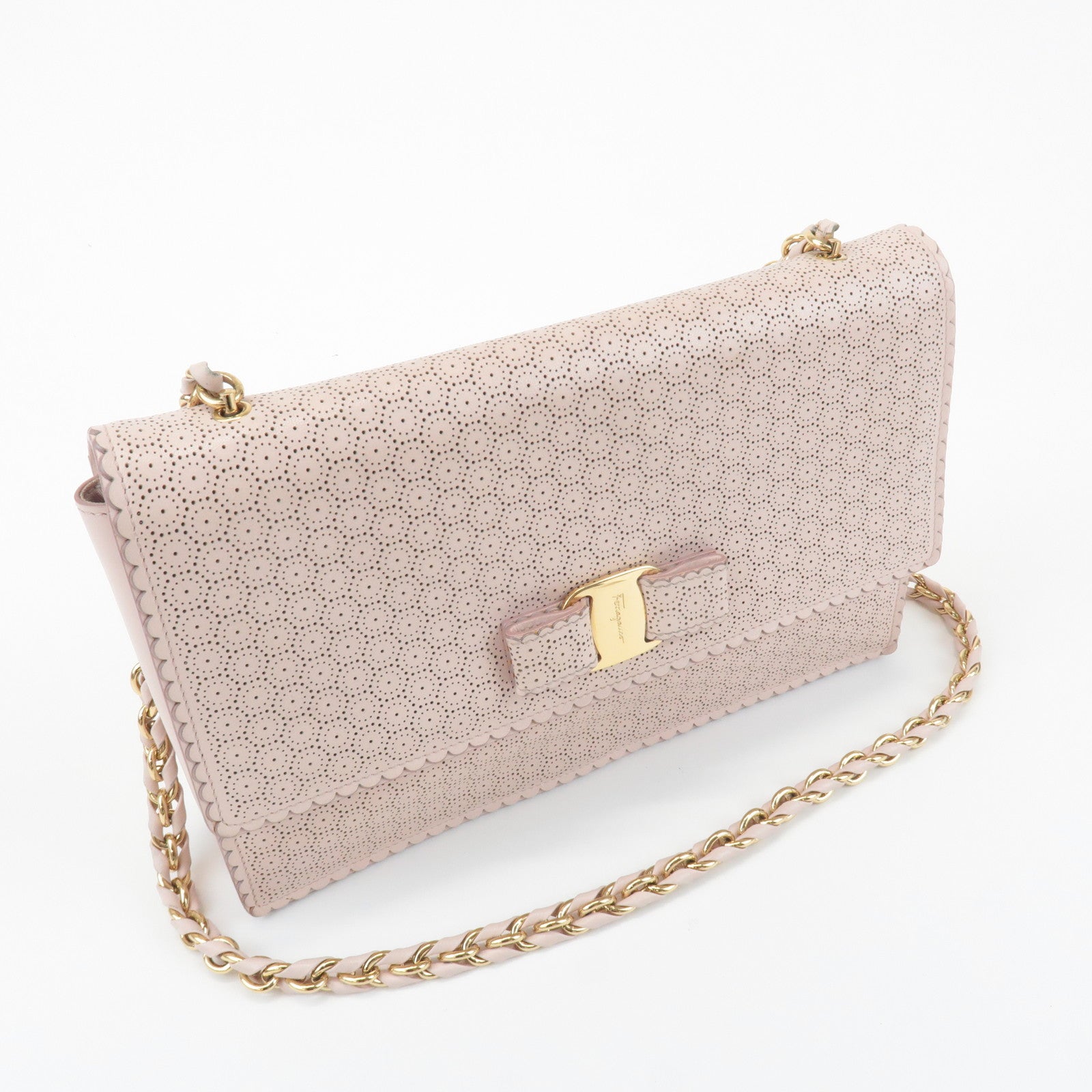 Ferragamo Vara Leather Ribbon Chain Shoulder Bag Pink Used