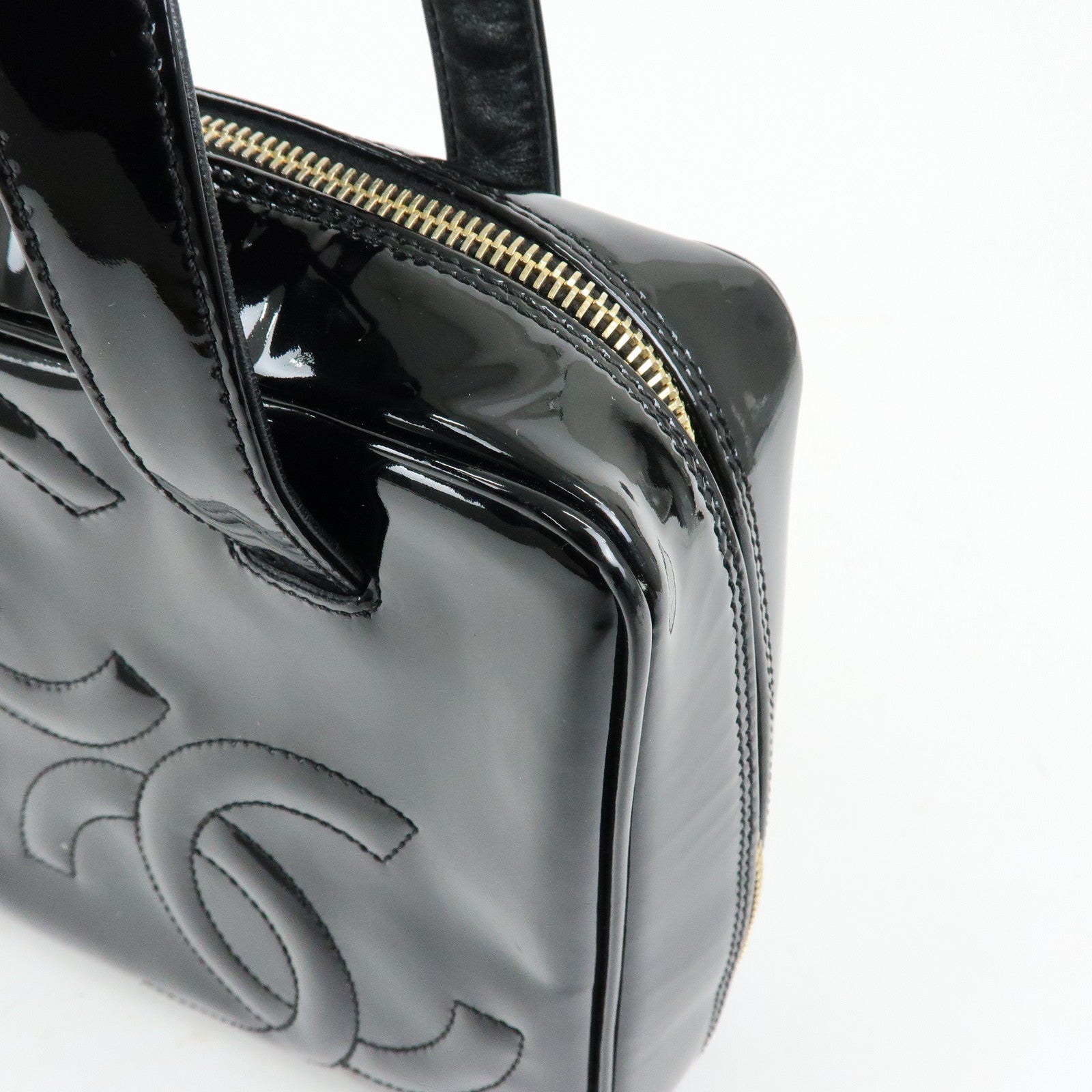 CHANEL Triple COCO Mark Patent Leather Tote Bag Hand Bag Black