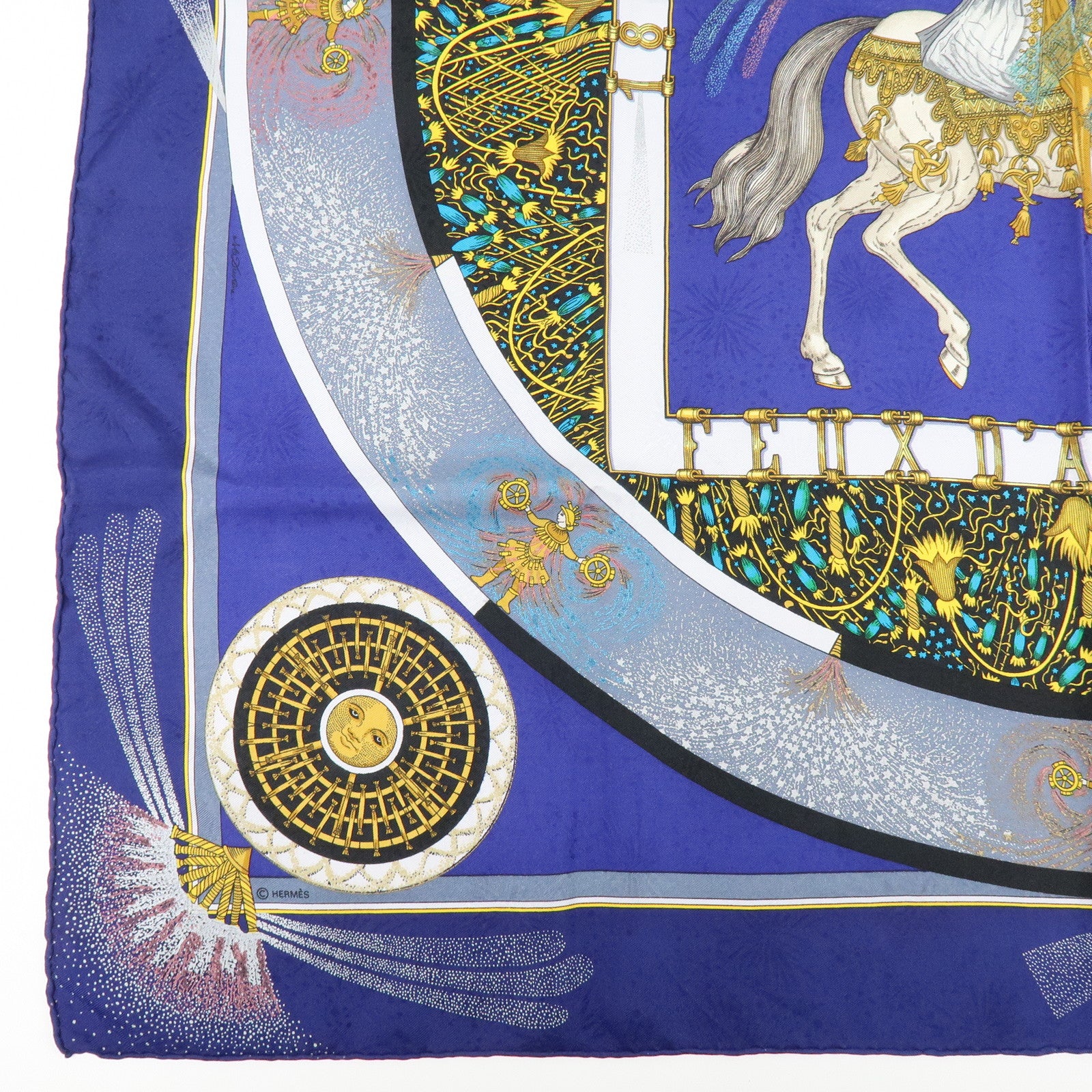 HERMES Carre 90 Silk 100% Scarf FEUX D’ARTIFICE Blue