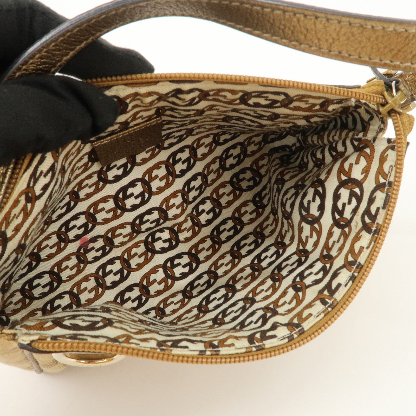 GUCCI Abbey GG Canvas Leather Pouch Hand Bag Beige Gold 145750