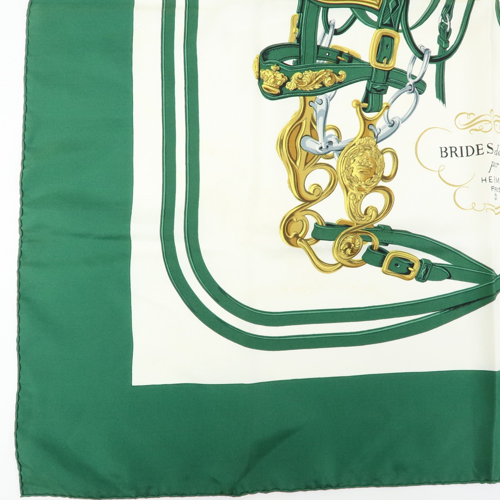 HERMES Carre 90 Silk 100% Scarf BRIDES DE GALA Bridle Green White