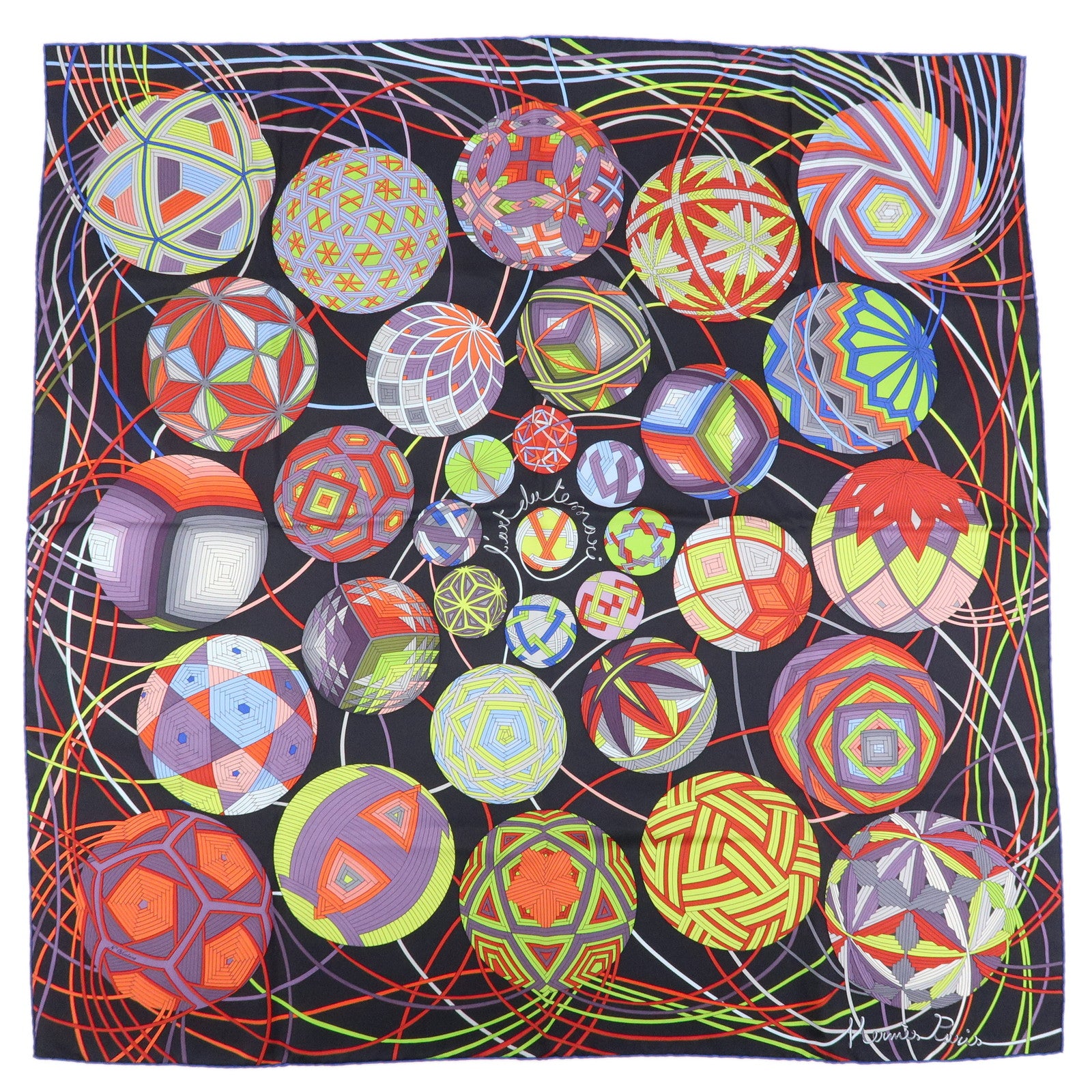 HERMES Carre 90 Silk 100% Scarf L'art du temari Black