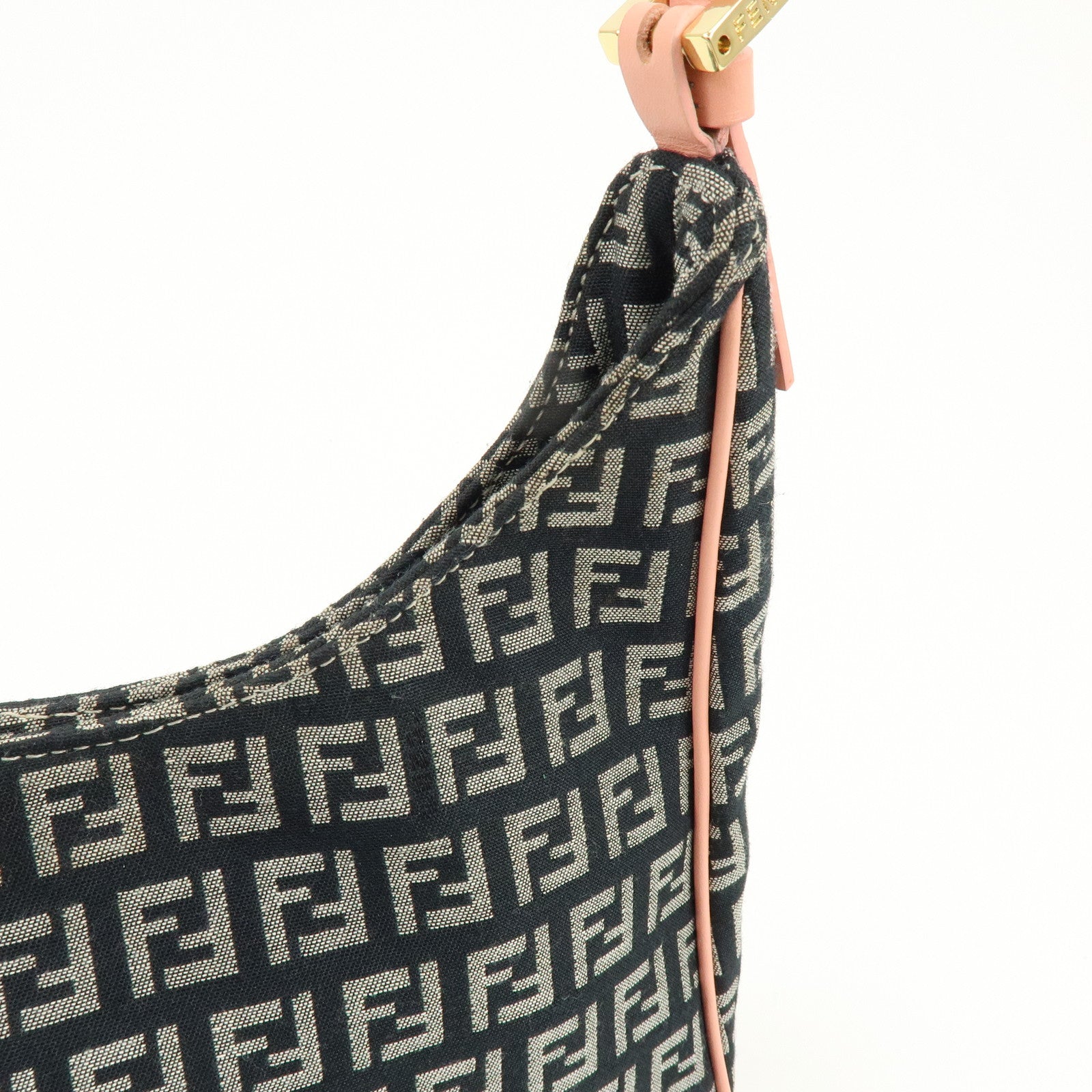 FENDI Zucchino Canvas Leather Hand Shoulder Bag Navy Pink 8BR158