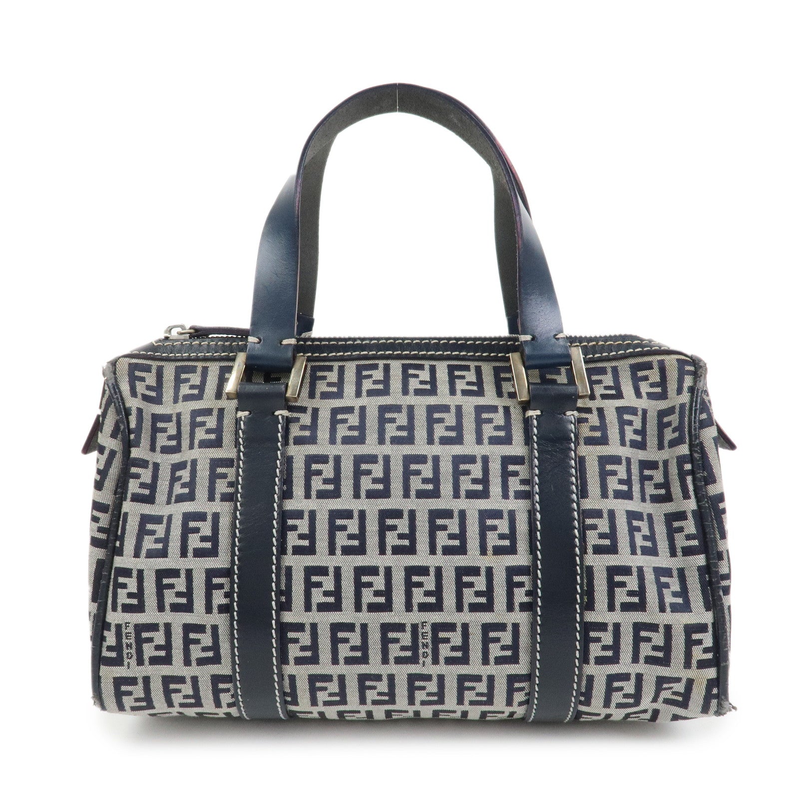 FENDI Zucchino Canvas Leather Hand Bag Mini Boston Bag Navy 16327
