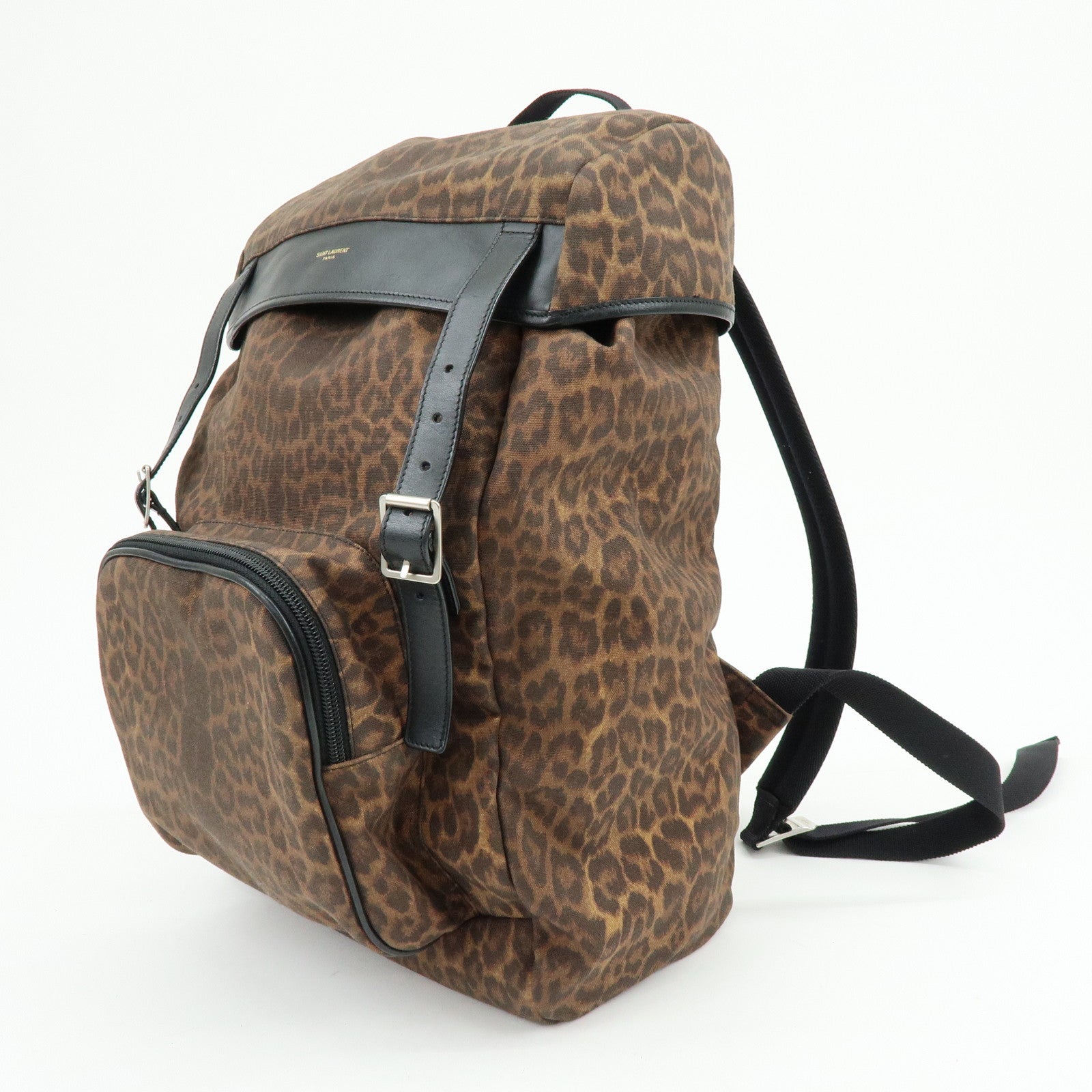 SAINT LAURENT PARIS Canvas Leather Backpack Leopard Brown 342609