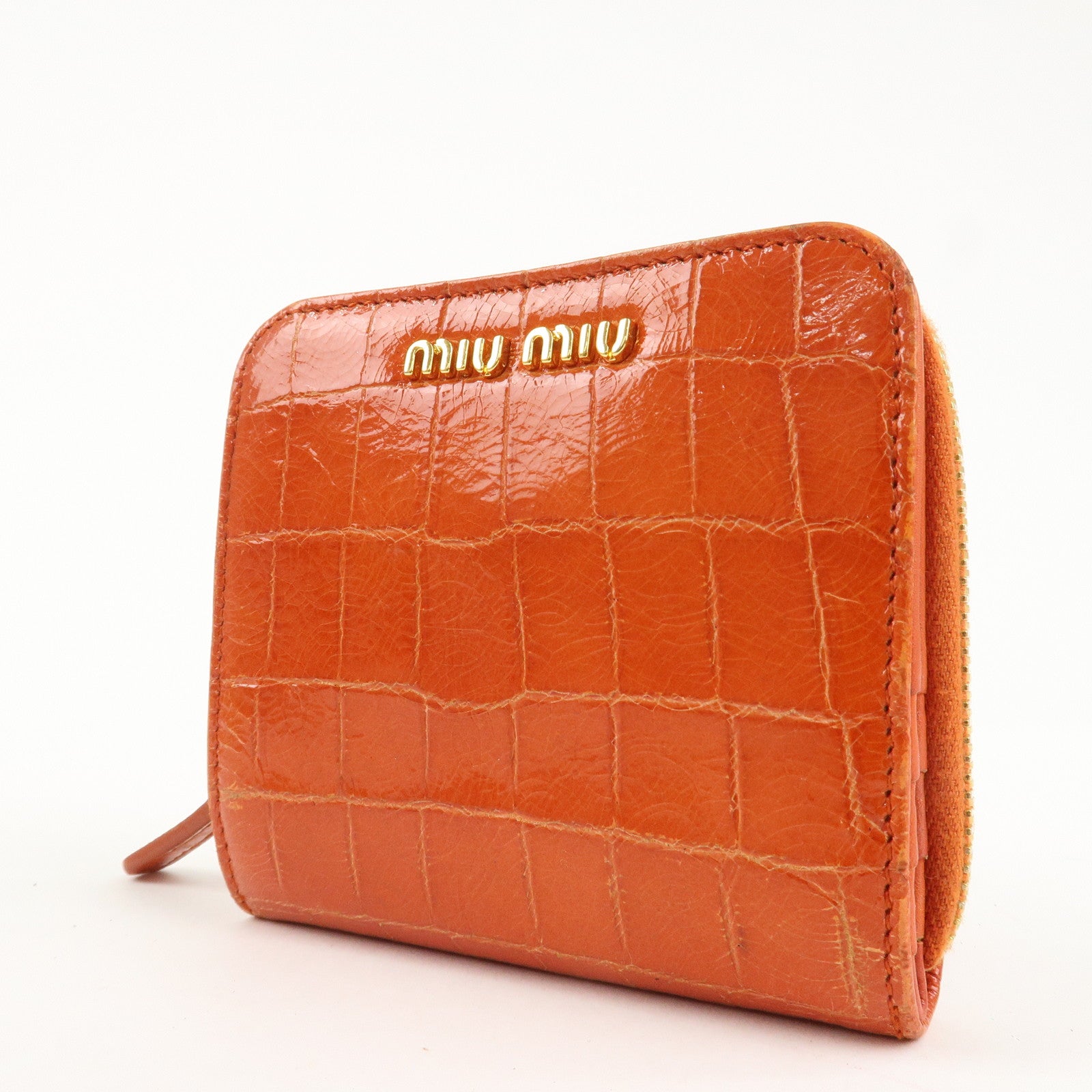 MIU MIU Leather Bi-Fold Wallet Compact Wallet Orange Gold Hardware Used
