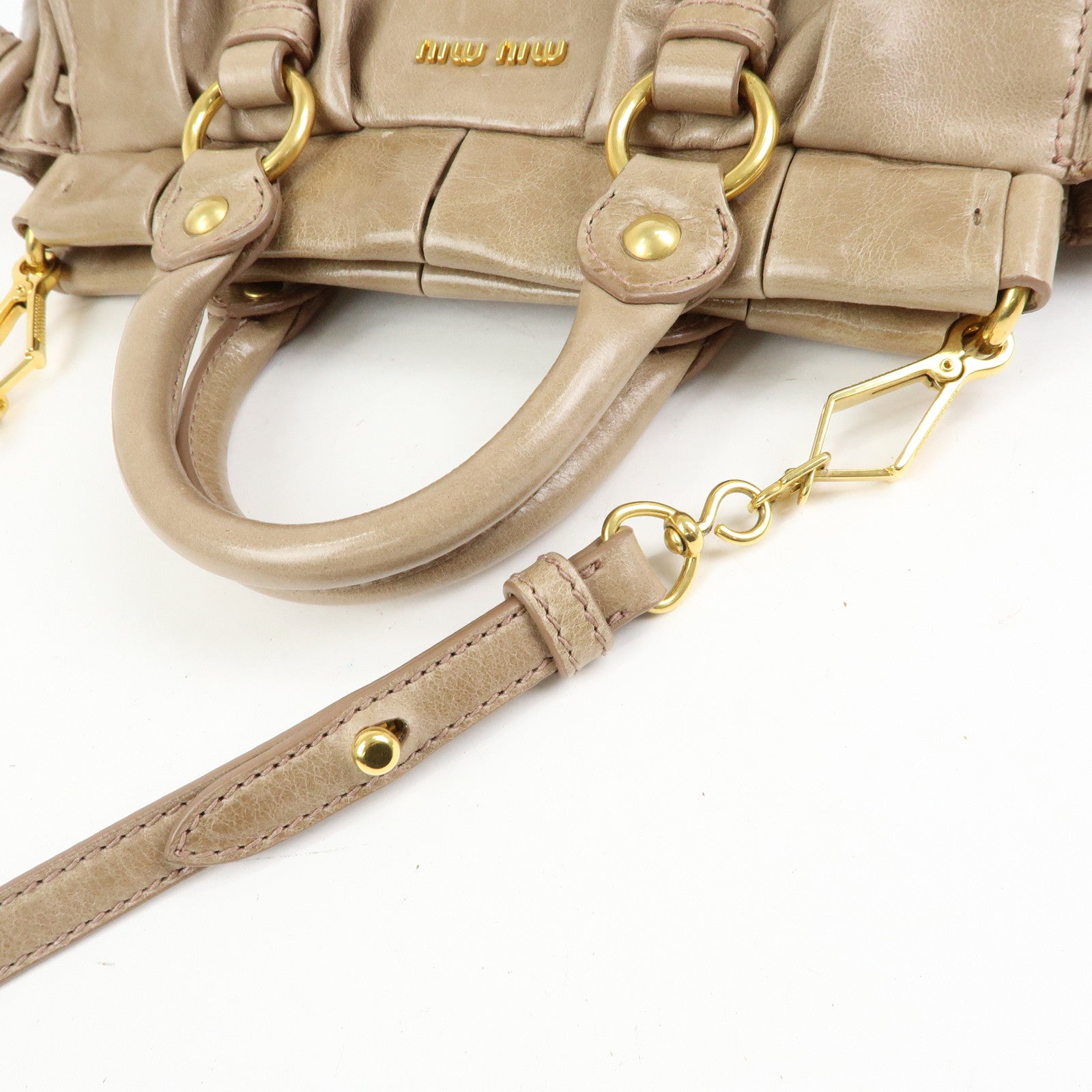 MIU MIU Logo Leather 2Way Bag Hand Bag Shoulder Bag Beige RN0647