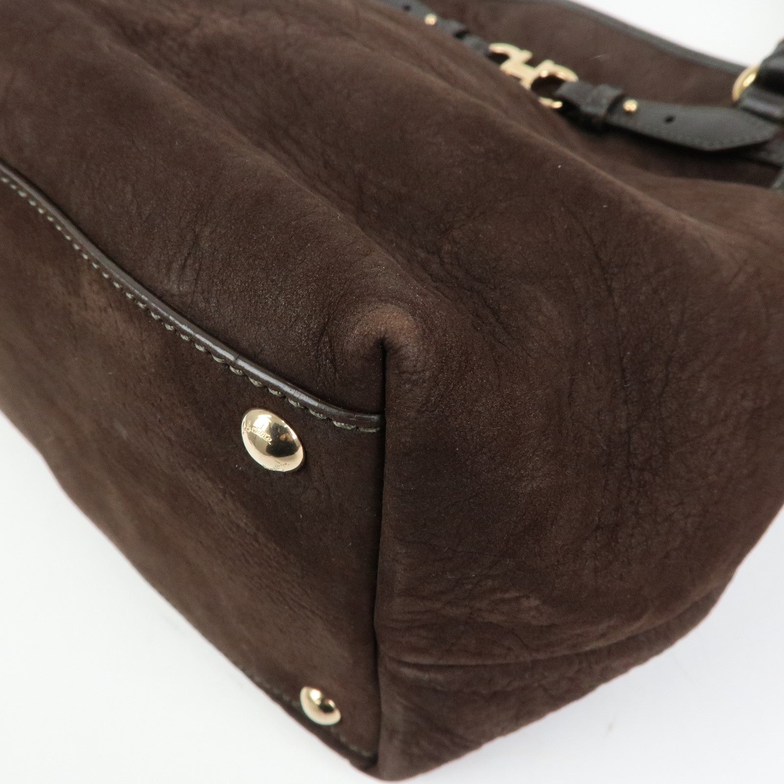 Ferragamo Gancini Suede Leather Tote Bag Hand Bag Brown