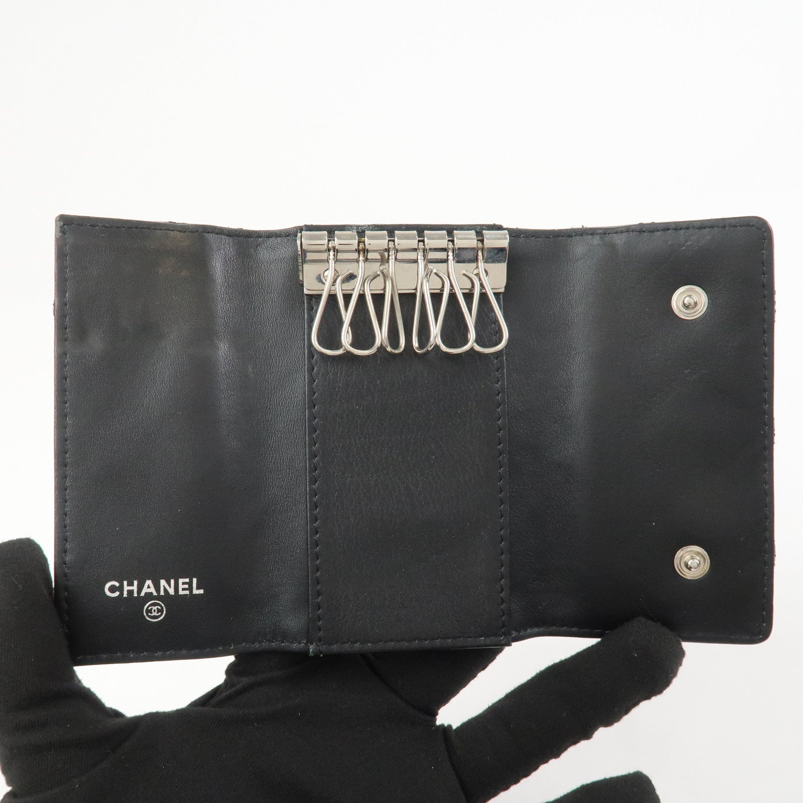 CHANEL Bicolore COCO Mark Lamb Skin 6 Rings Key Case Black