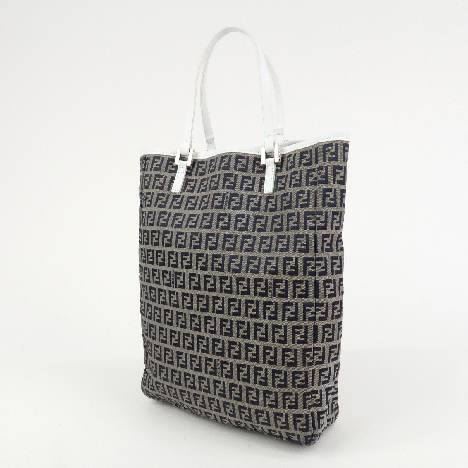 FENDI Zucchino Canvas Leather Tote Bag Hand Bag Navy 8BH006