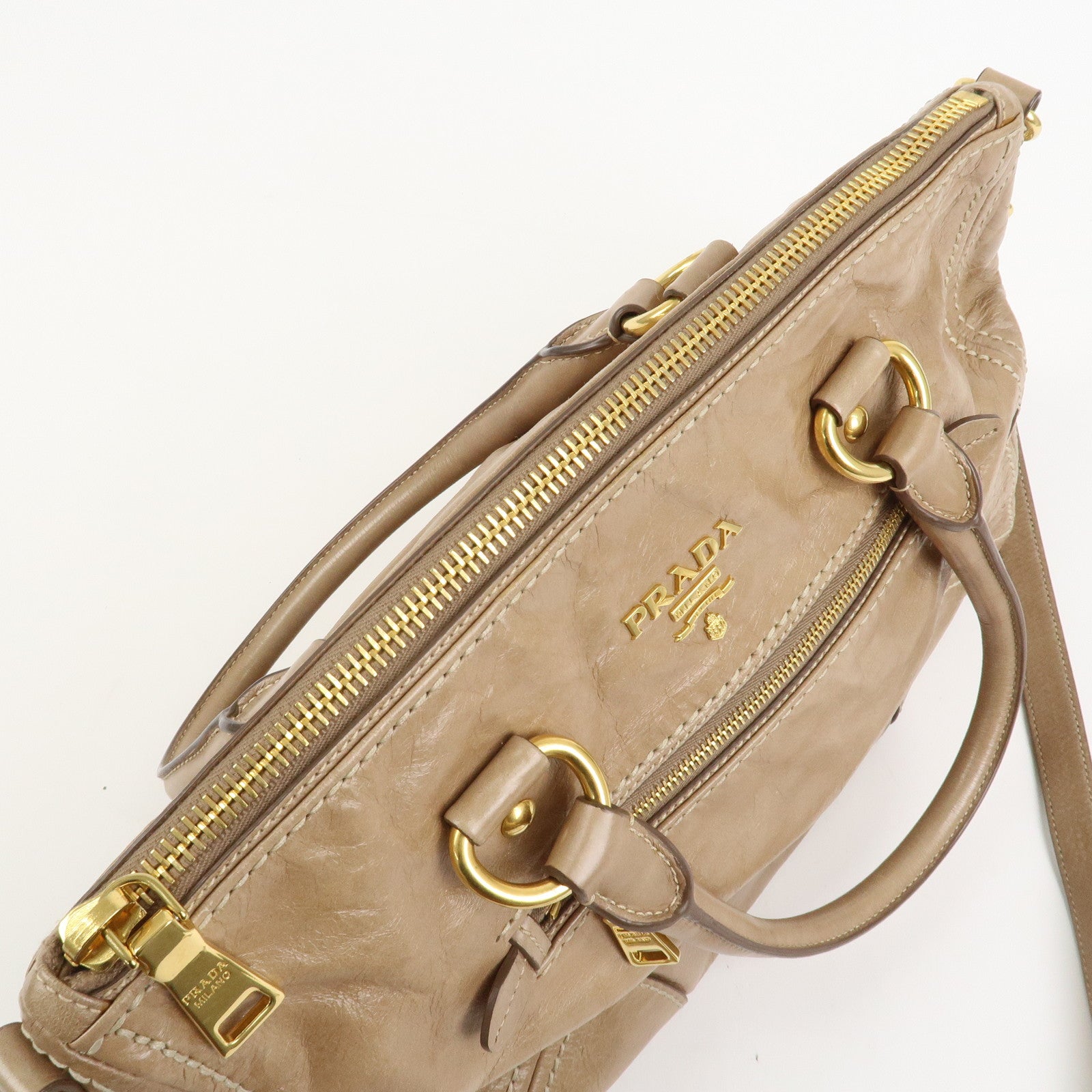 PRADA Leather 2Way Bag Hand Bag Shoulder Bag Light Brown BL0727