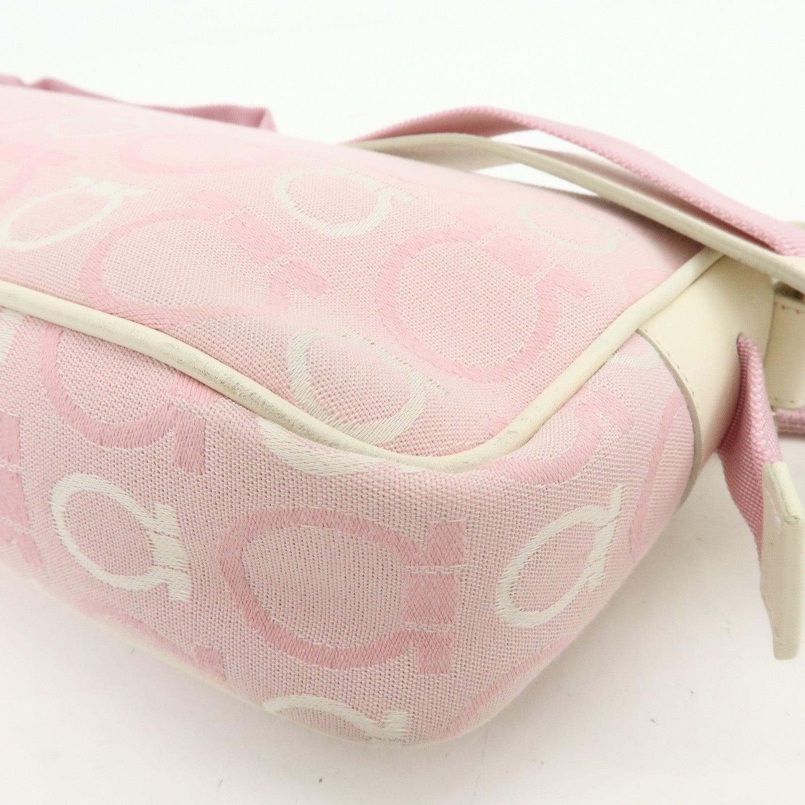 Ferragamo Gancini Canvas Leather Shoulder Bag Light Pink White