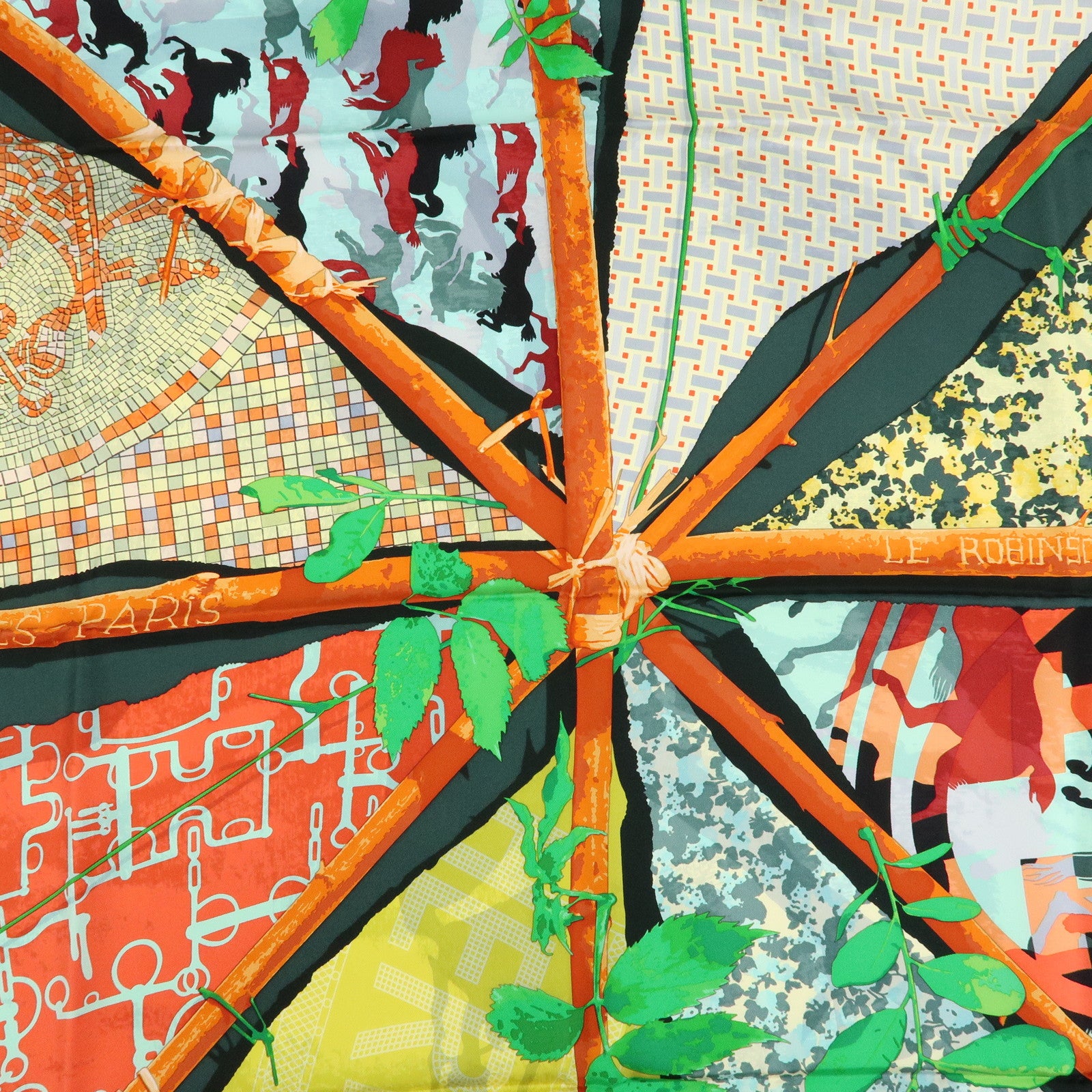 HERMES Carre 90 Silk 100% Scarf LE ROBINSON CHIC Green Brown