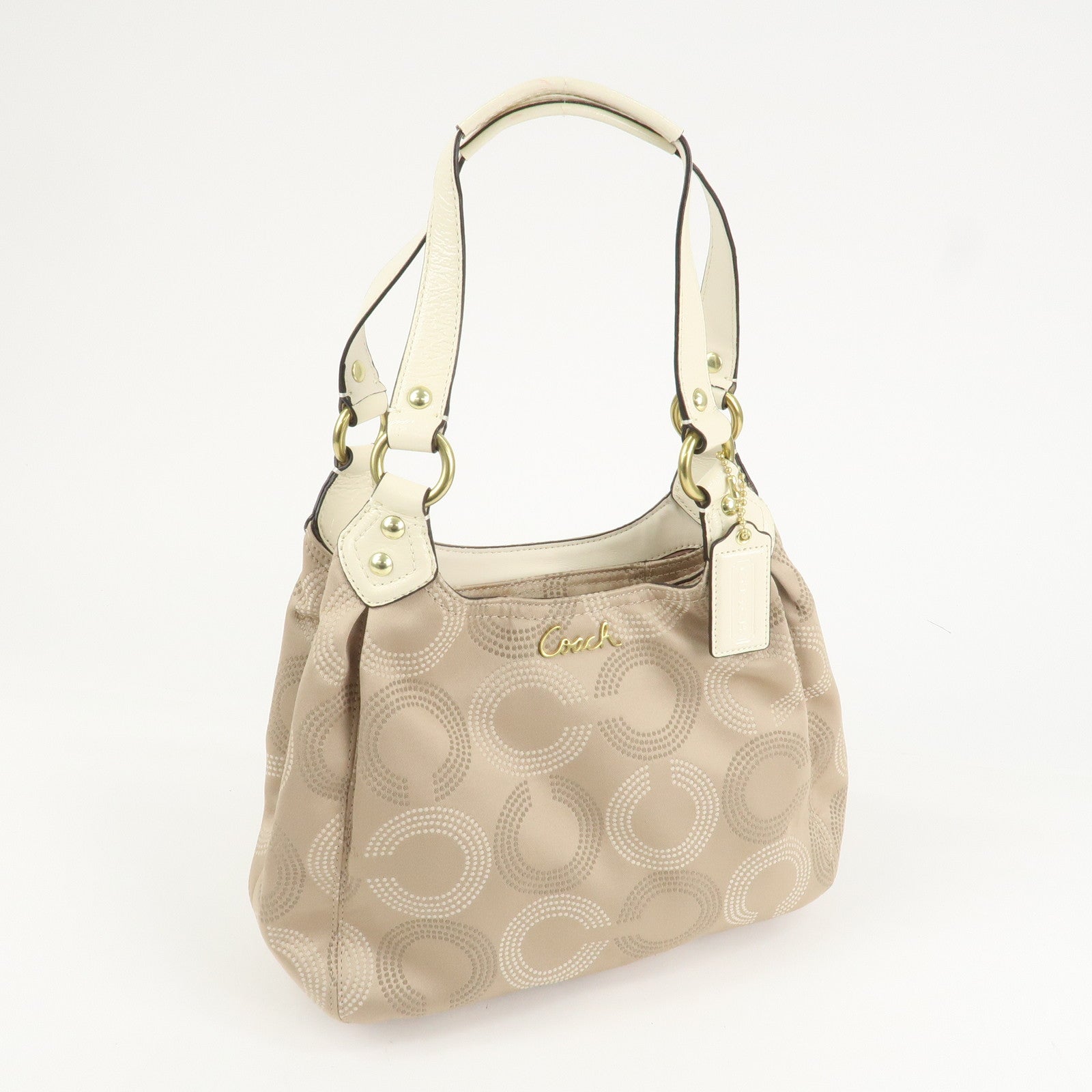 COACH Ashley Canvas Patent Leather Dot Op Art Hobo Bag Beige F21920 Used