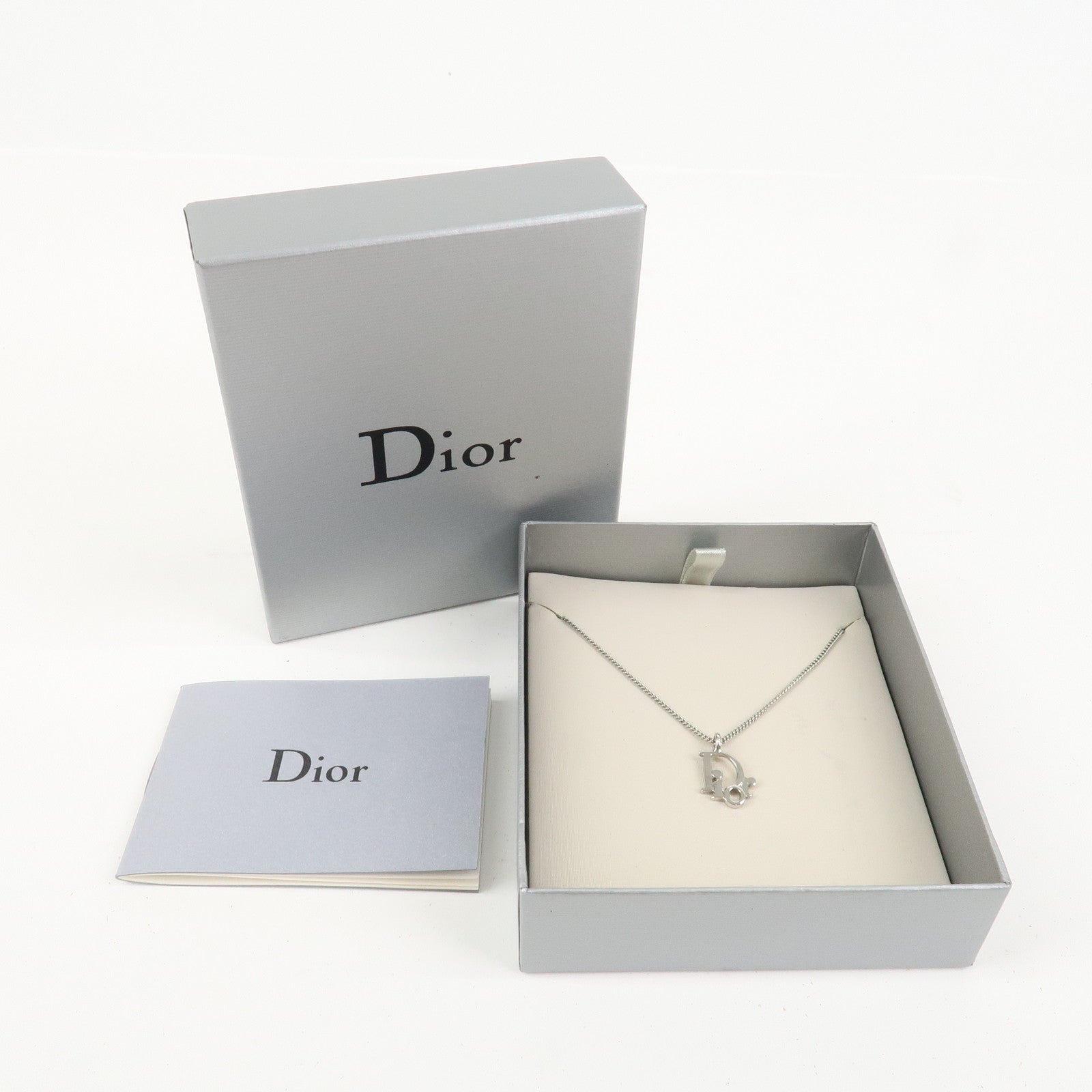 Christian Dior Tone Logo Metal Pendant Necklace Silver