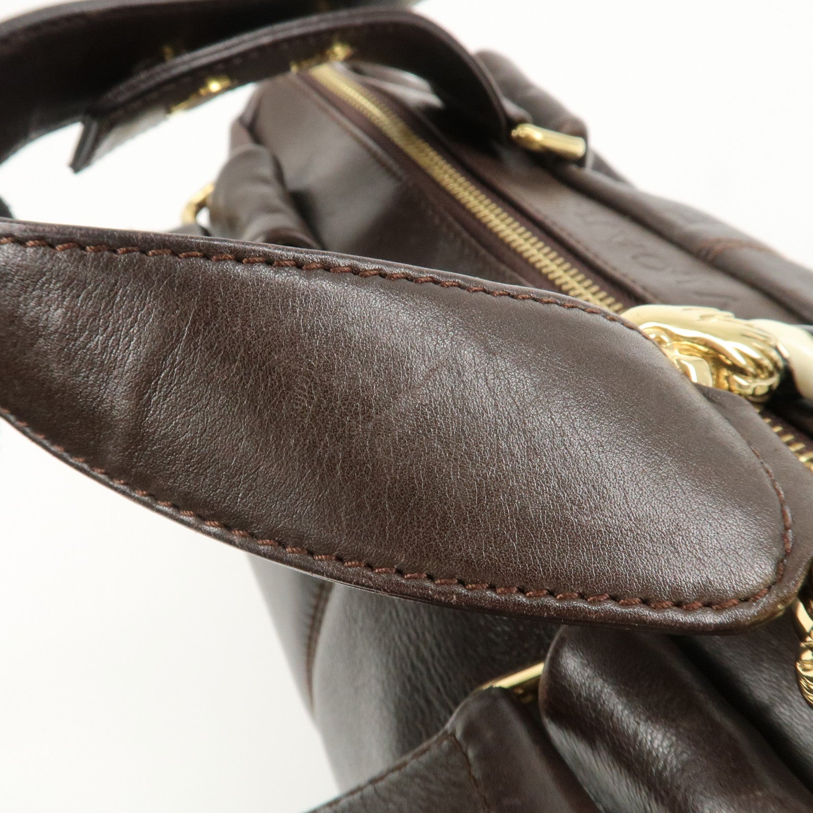 BVLGARI Leoni Leather Hand Bag Boston Bag Brown Gold Hardware Used