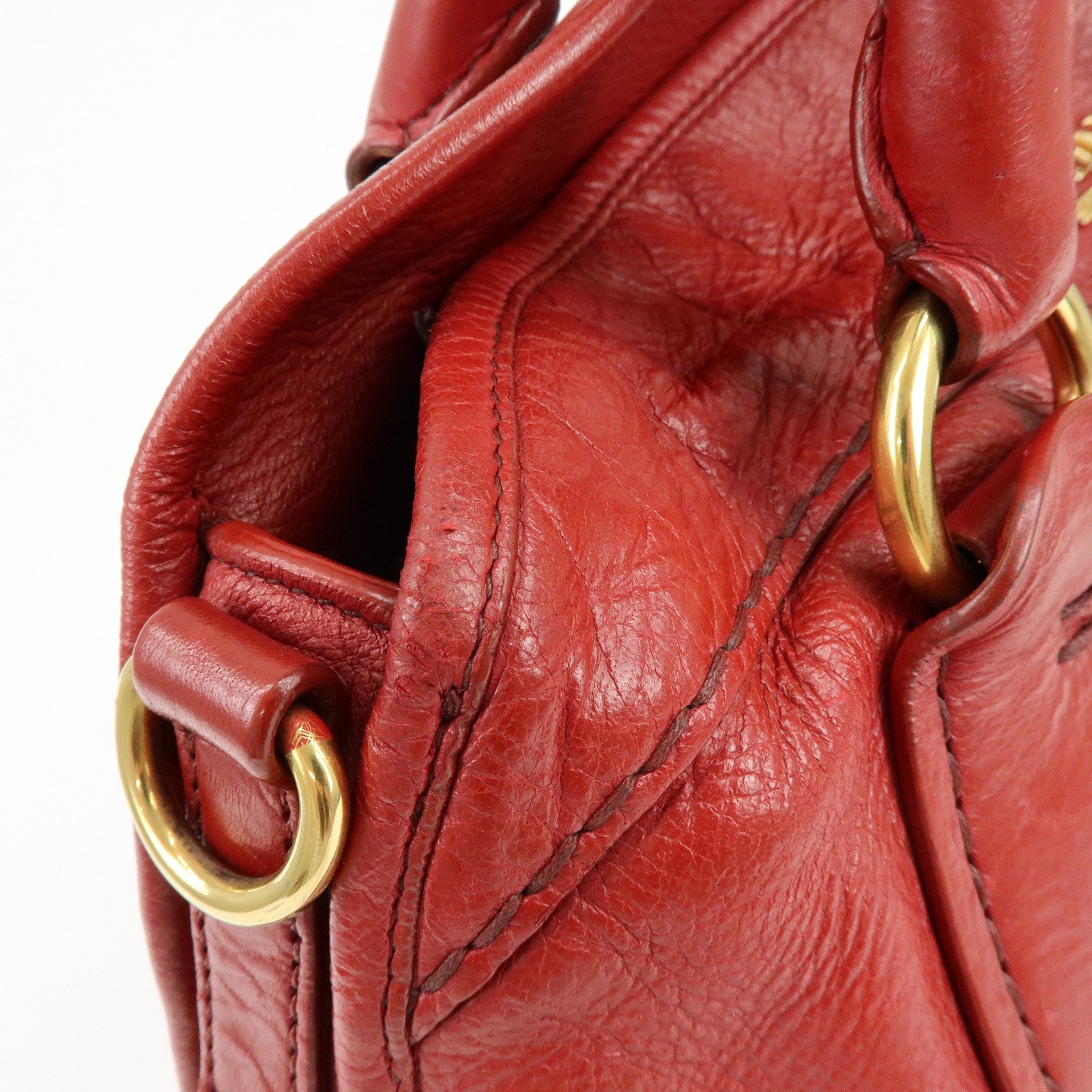 PRADA Cervo Shine Leather Bowler Bag 2Way Tote Bag Red BL0688