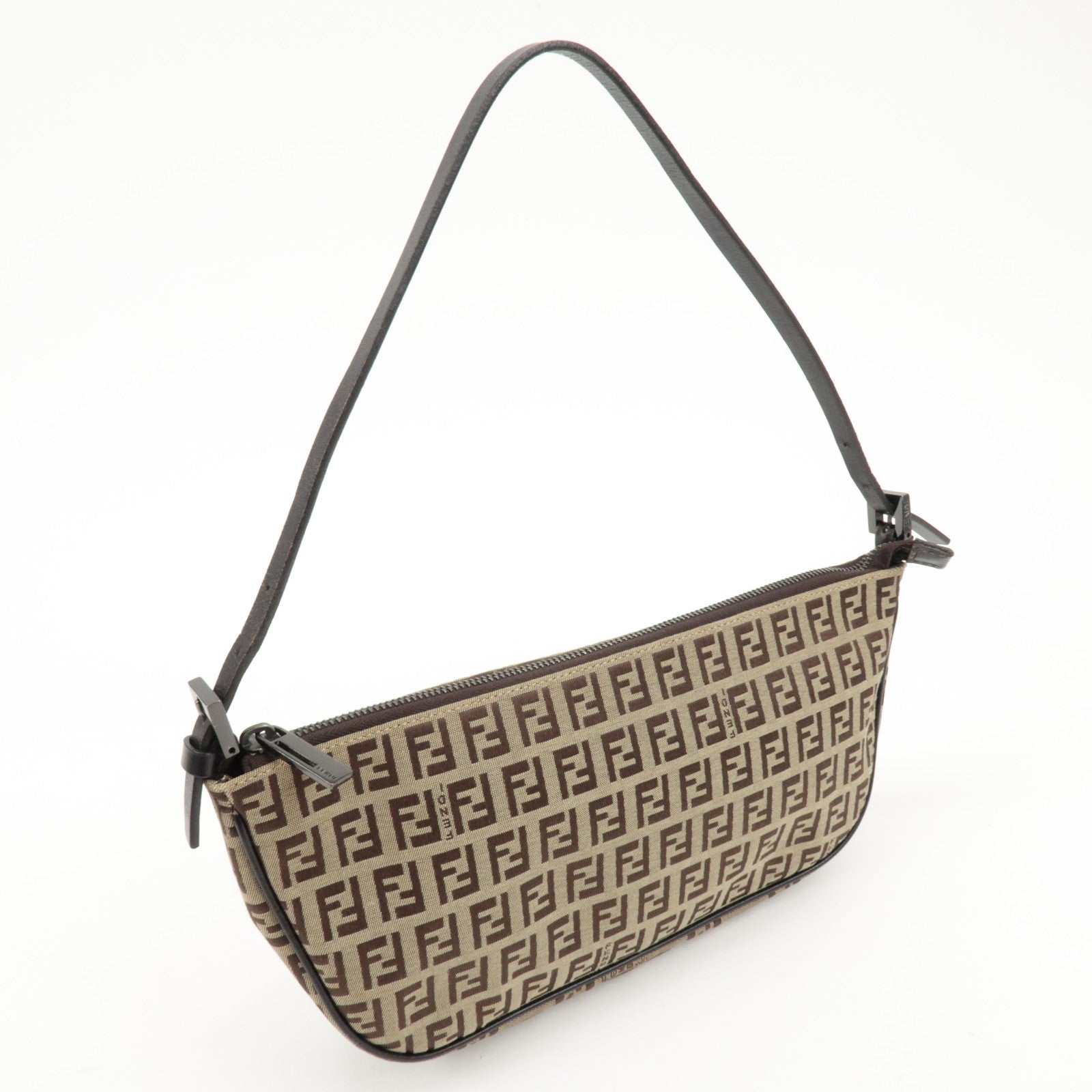 FENDI Zucchino Canvas Leather Shoulder Bag Hand Bag Brown 8BR144 Used