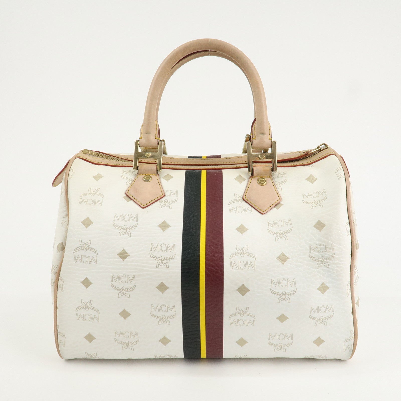 MCM Visetos Leather Boston Bag Hand Bag Beige White Used