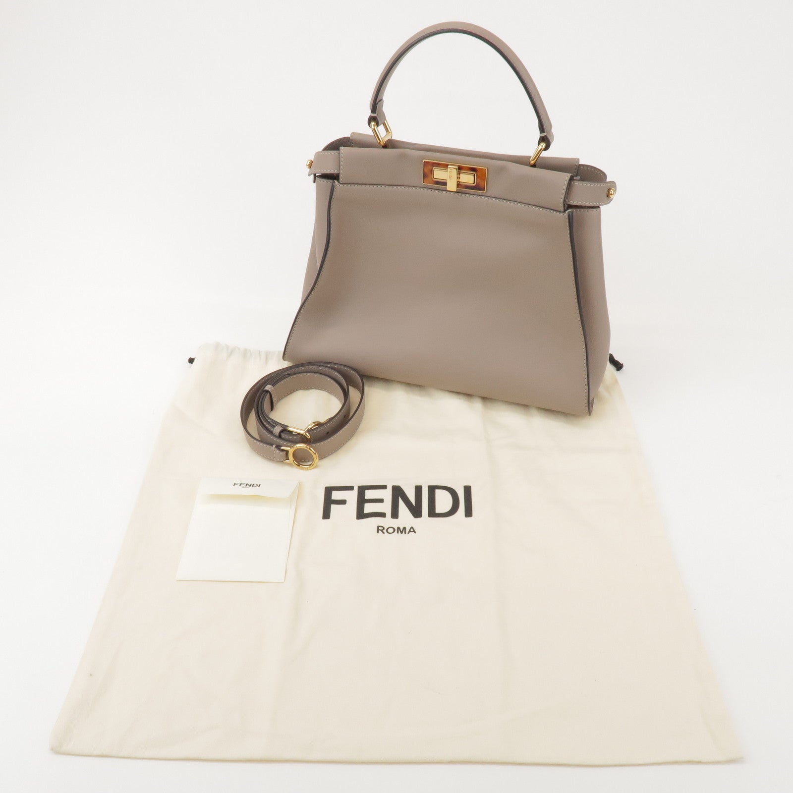 FENDI Peekaboo Leather Medium 2Way Hand Bag Greige Beige 8BN290