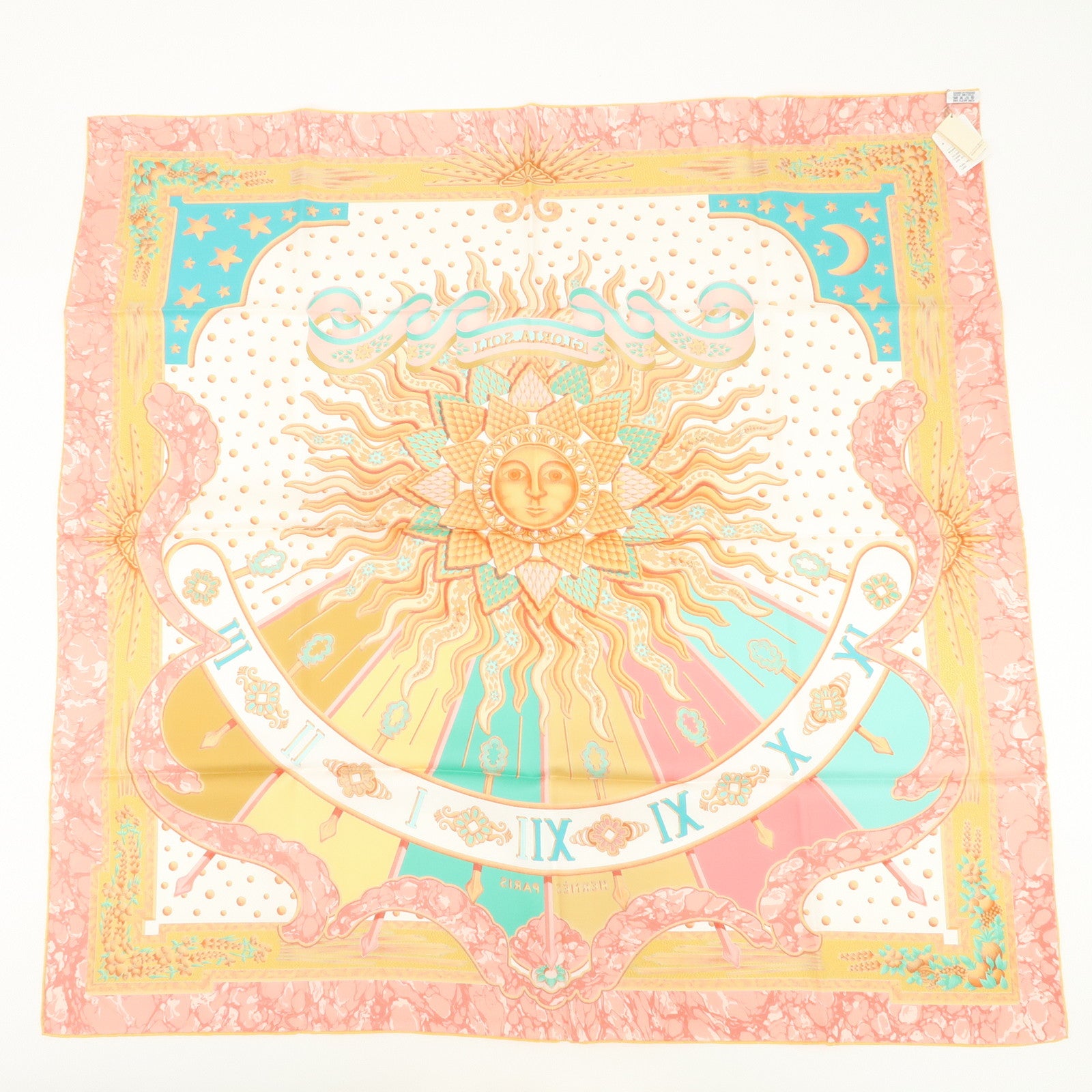 HERMES Carre 90 Silk 100% Scarf CARPE DIEM Pink White