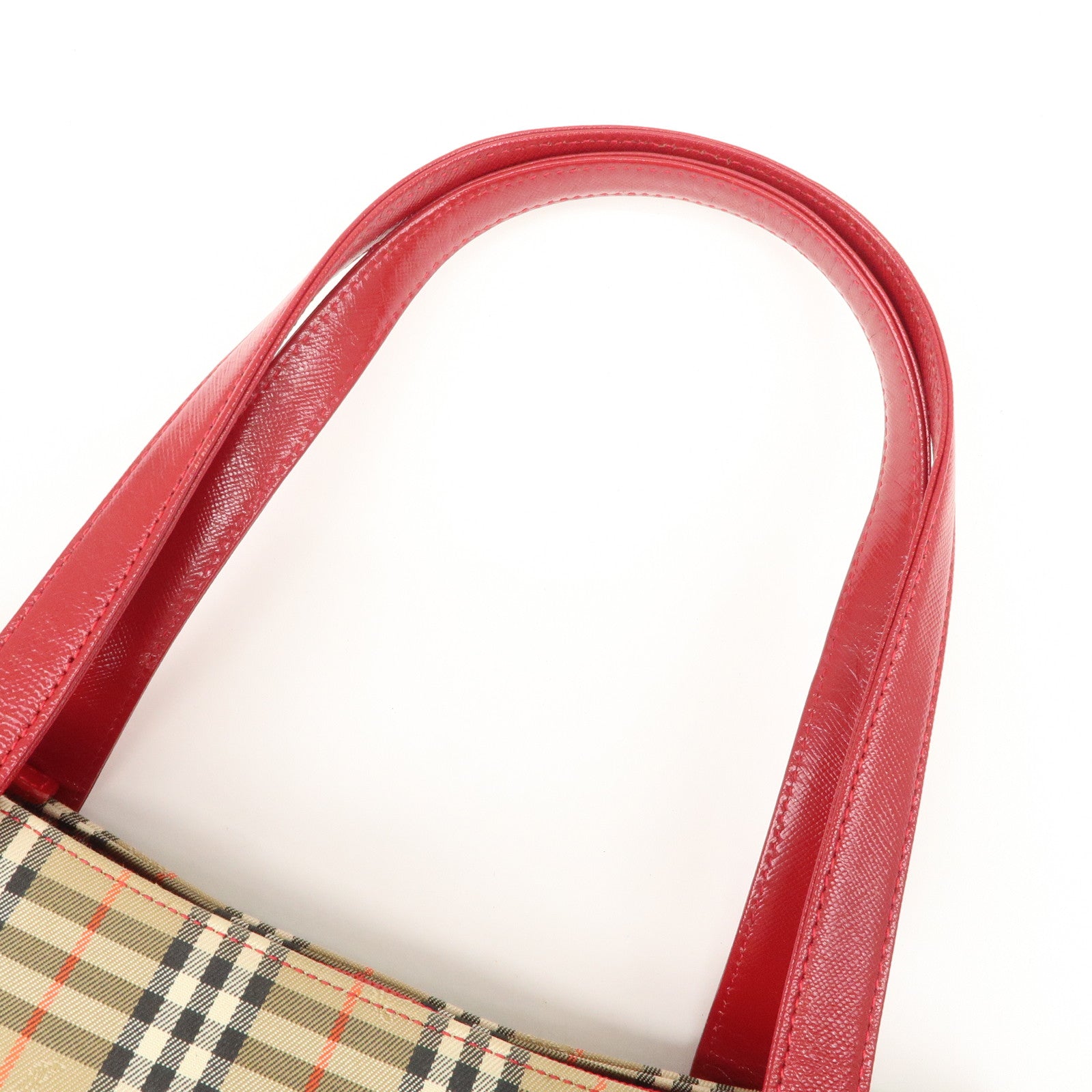 BURBERRY Leather Canvas Tote Bag Hand Bag Nova Plaid Red Beige Used