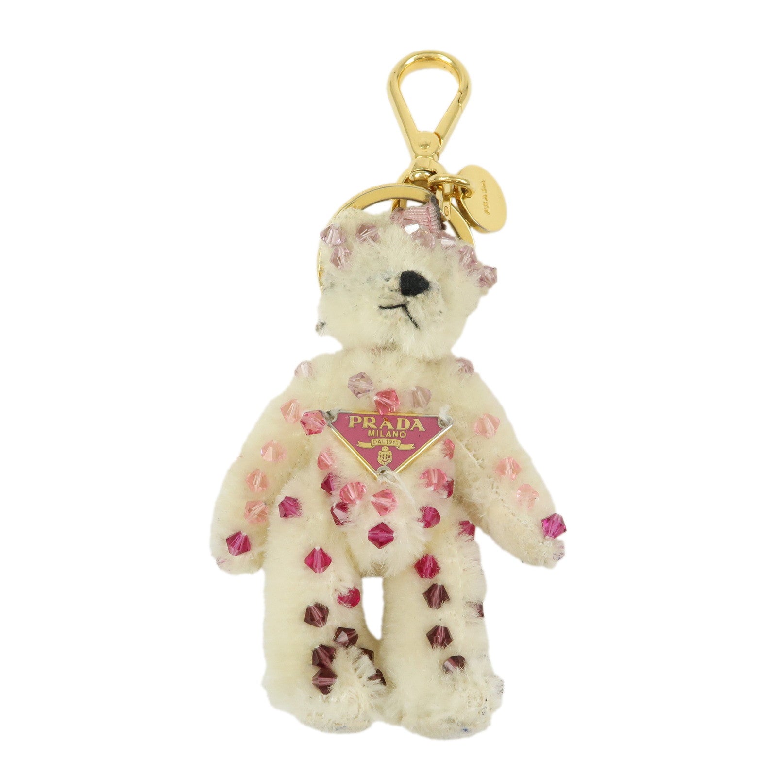 PRADA Triangle Logo Bear Mohair Bag Charm Key Holder Beige Pink