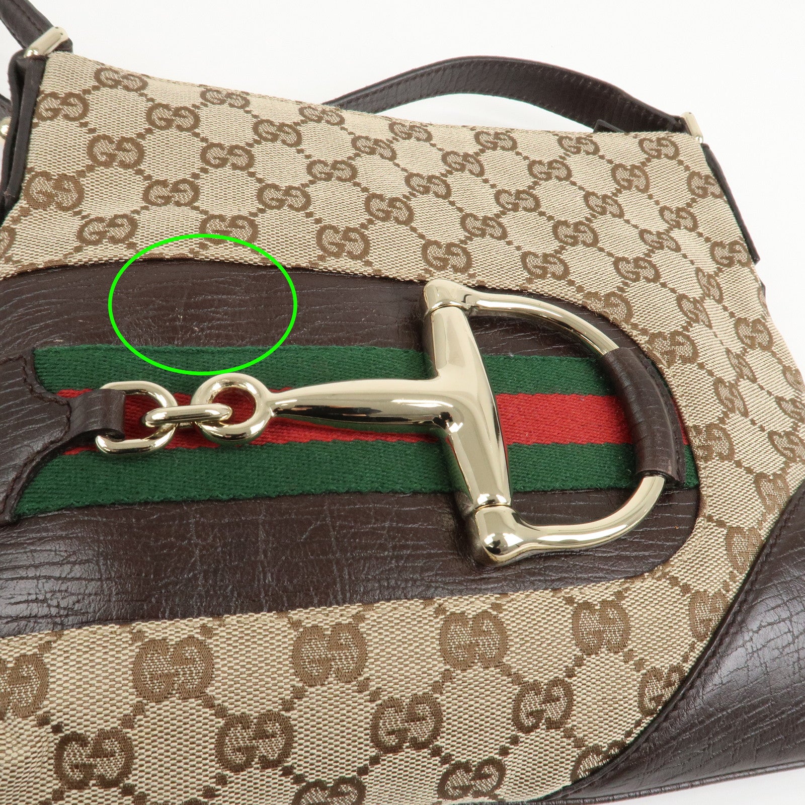 GUCCI Horsebit Sherry GG Canvas Leather Shoulder Bag Brown 17004