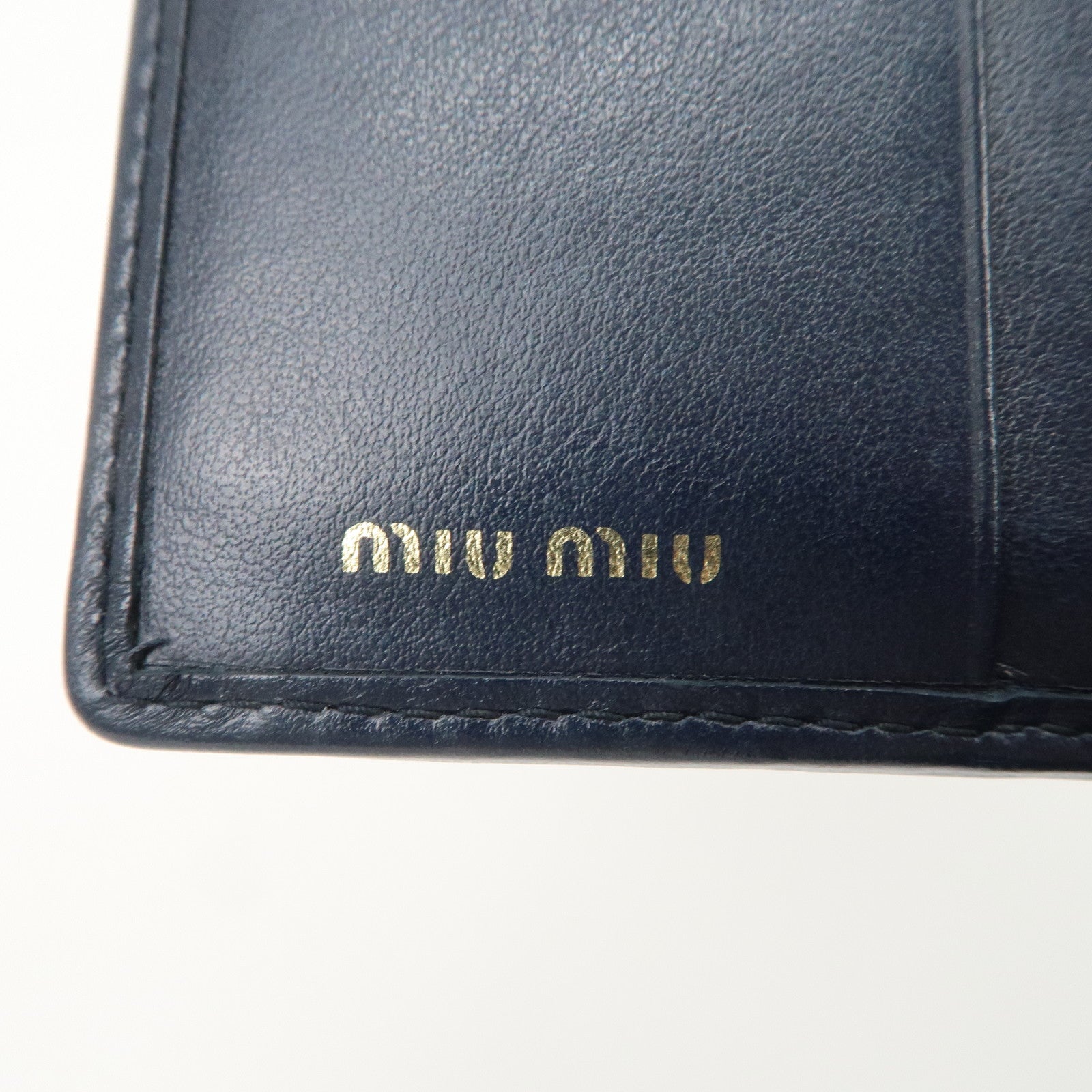 MIU MIU Cherry Denim Leather Bifold Compact Wallet Navy Red Used