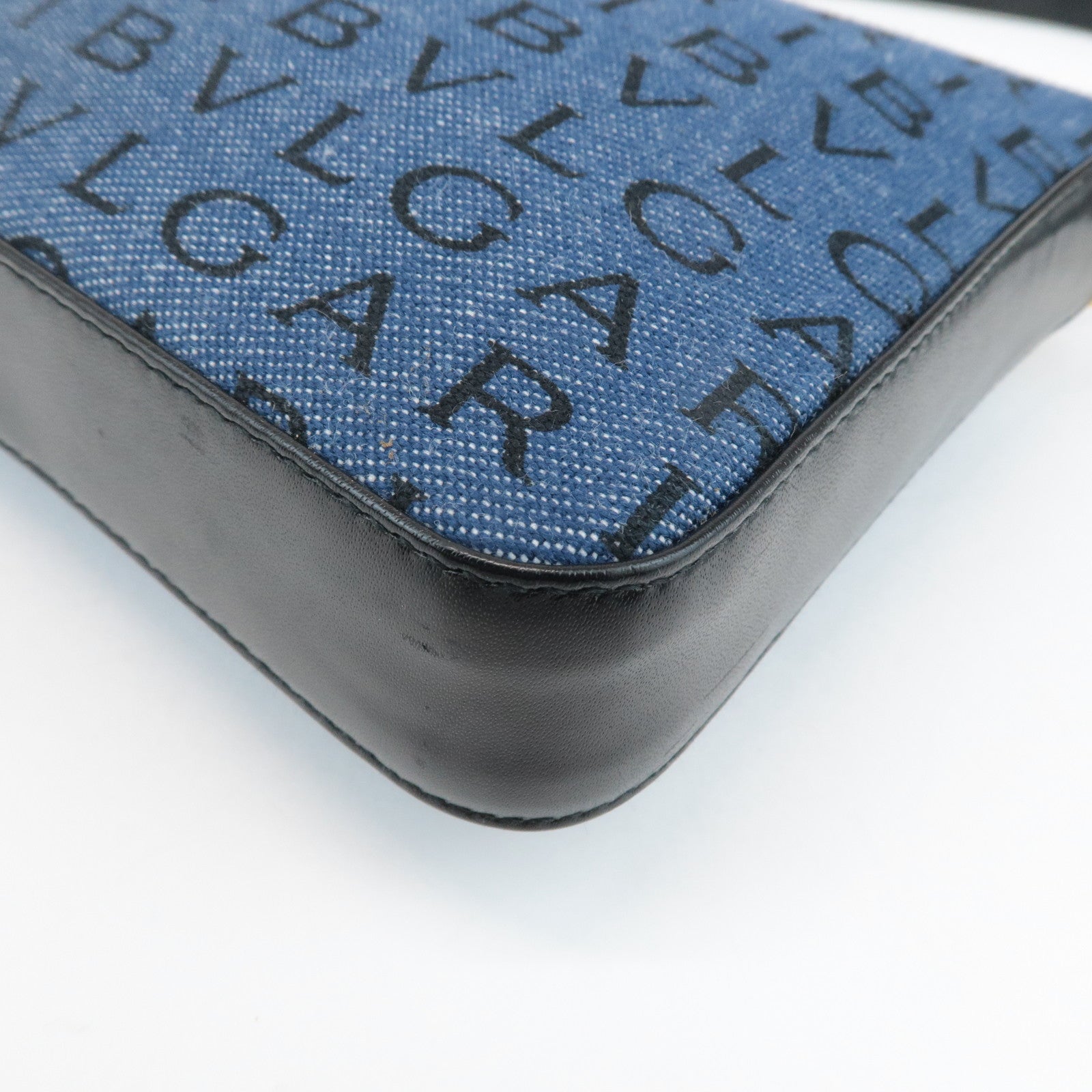 BVLGARI Logo Mania Denim Shoulder Bag Black Navy Blue Used