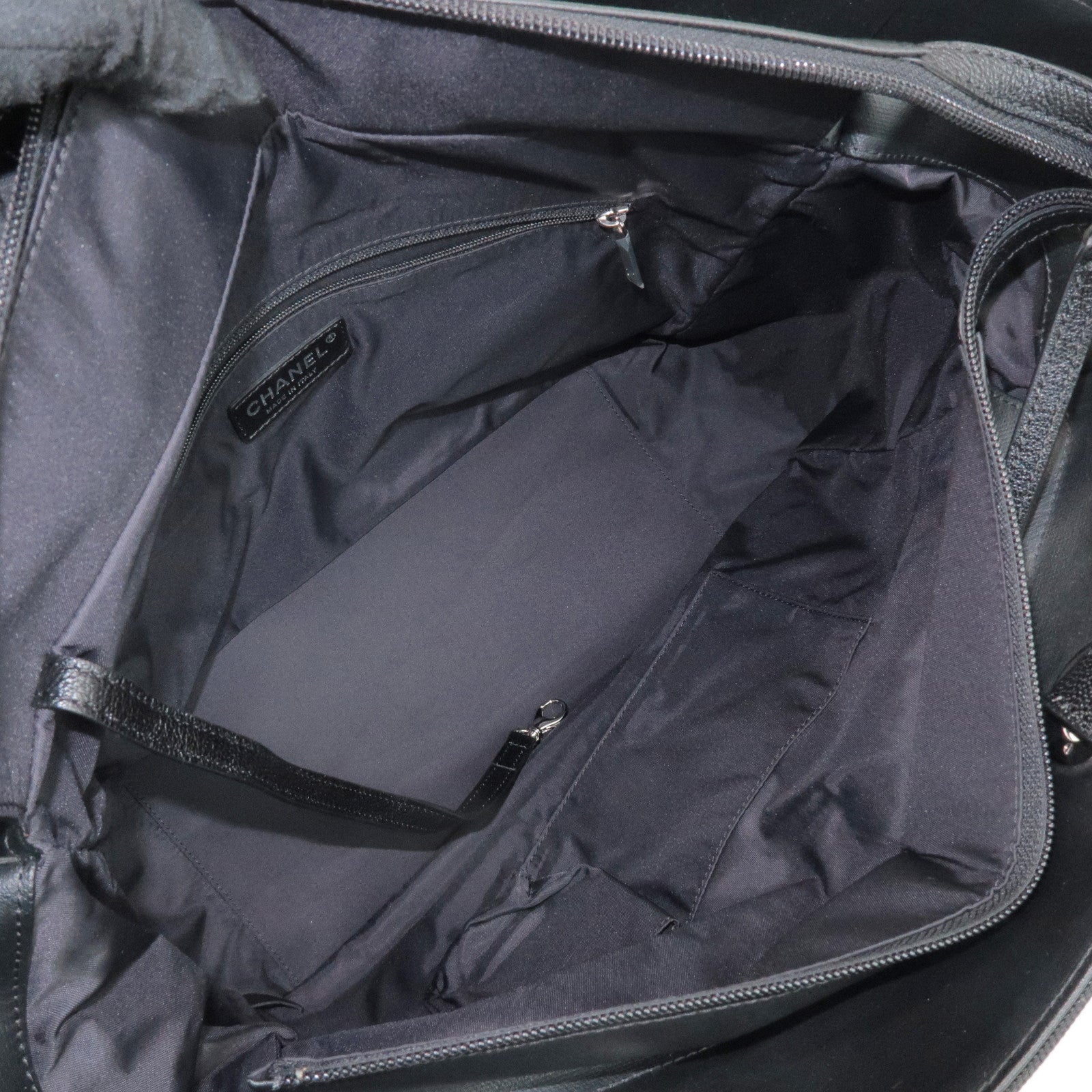 CHANEL Paris Biarritz MM Leather Canvas Tote Bag Black A34209