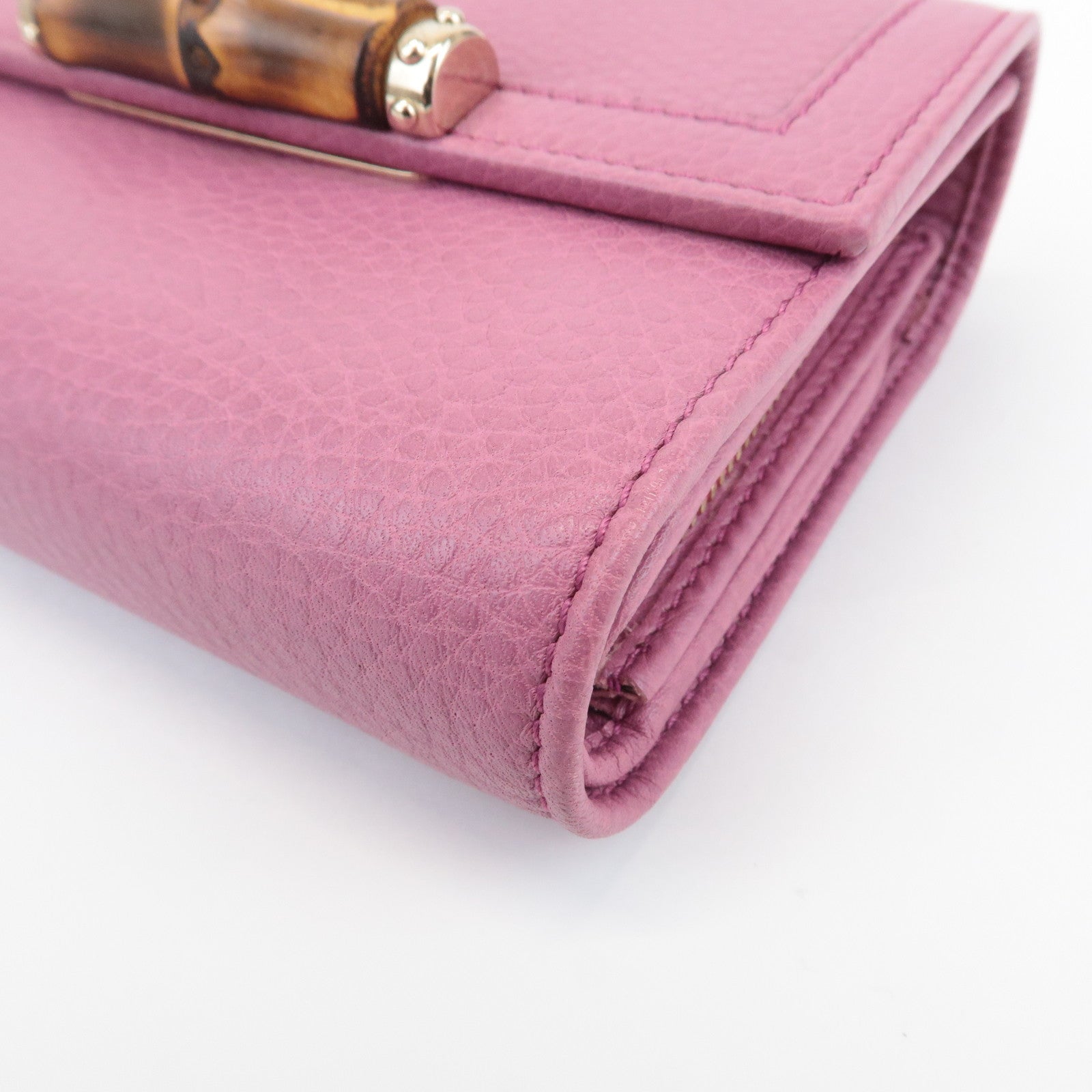 GUCCI Bamboo Leather Tri- Fold Wallet Pink 257017 Used
