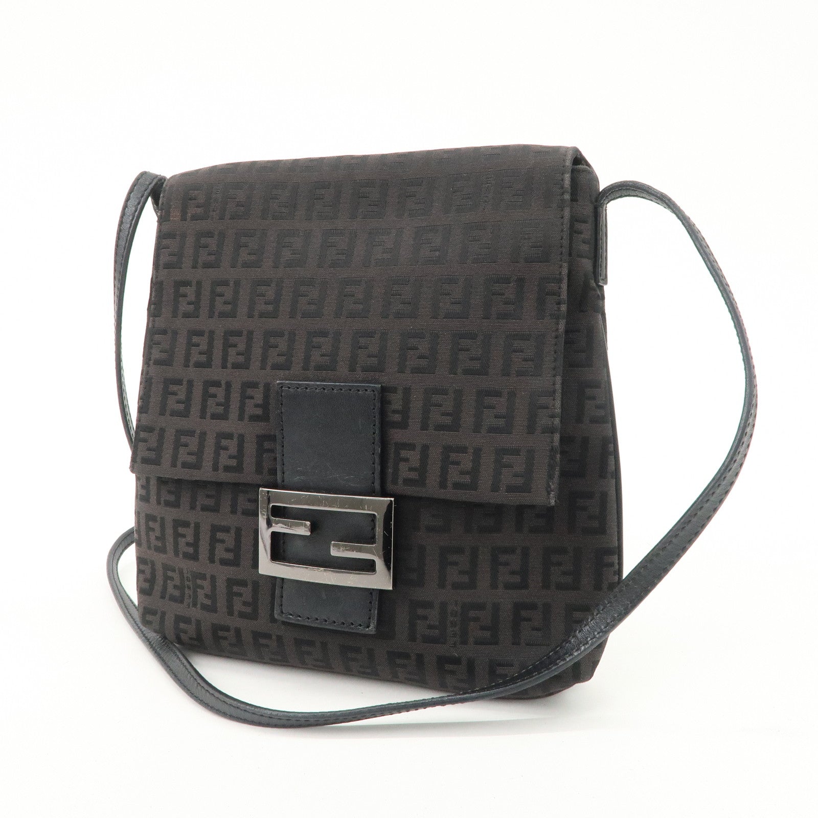 FENDI Zucchino Canvas Leather Shoulder Bag Dark Brown 8BT075 Used