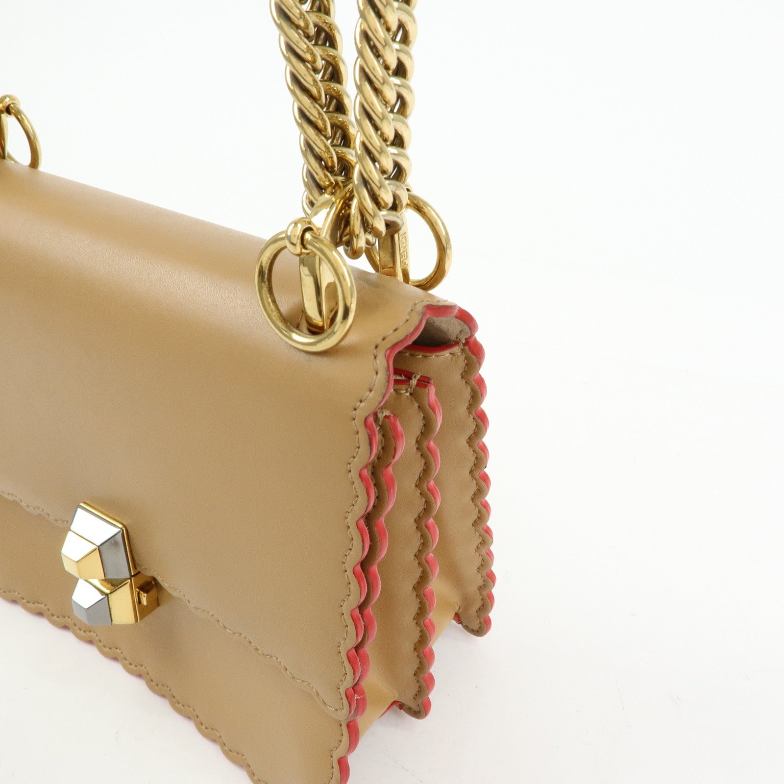 FENDI Mini Kan I Leather Chain Shoulder Crossbody Bag Beige 8M0381