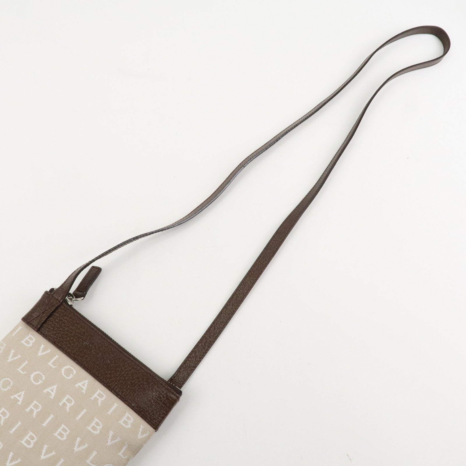 BVLGARI Logo Mania Leather Canvas Shoulder Bag Beige Brown