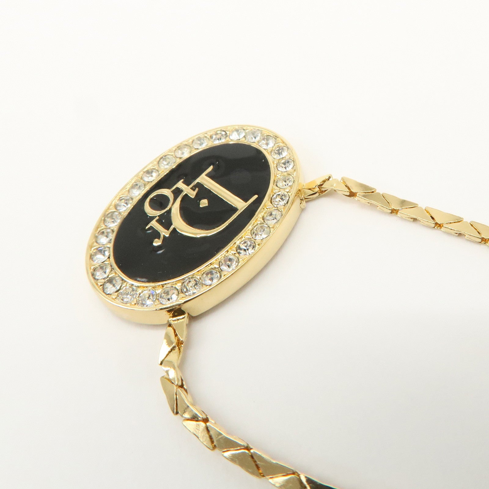 Christian Dior Metal Rhinestone Necklace Choker Gold Black