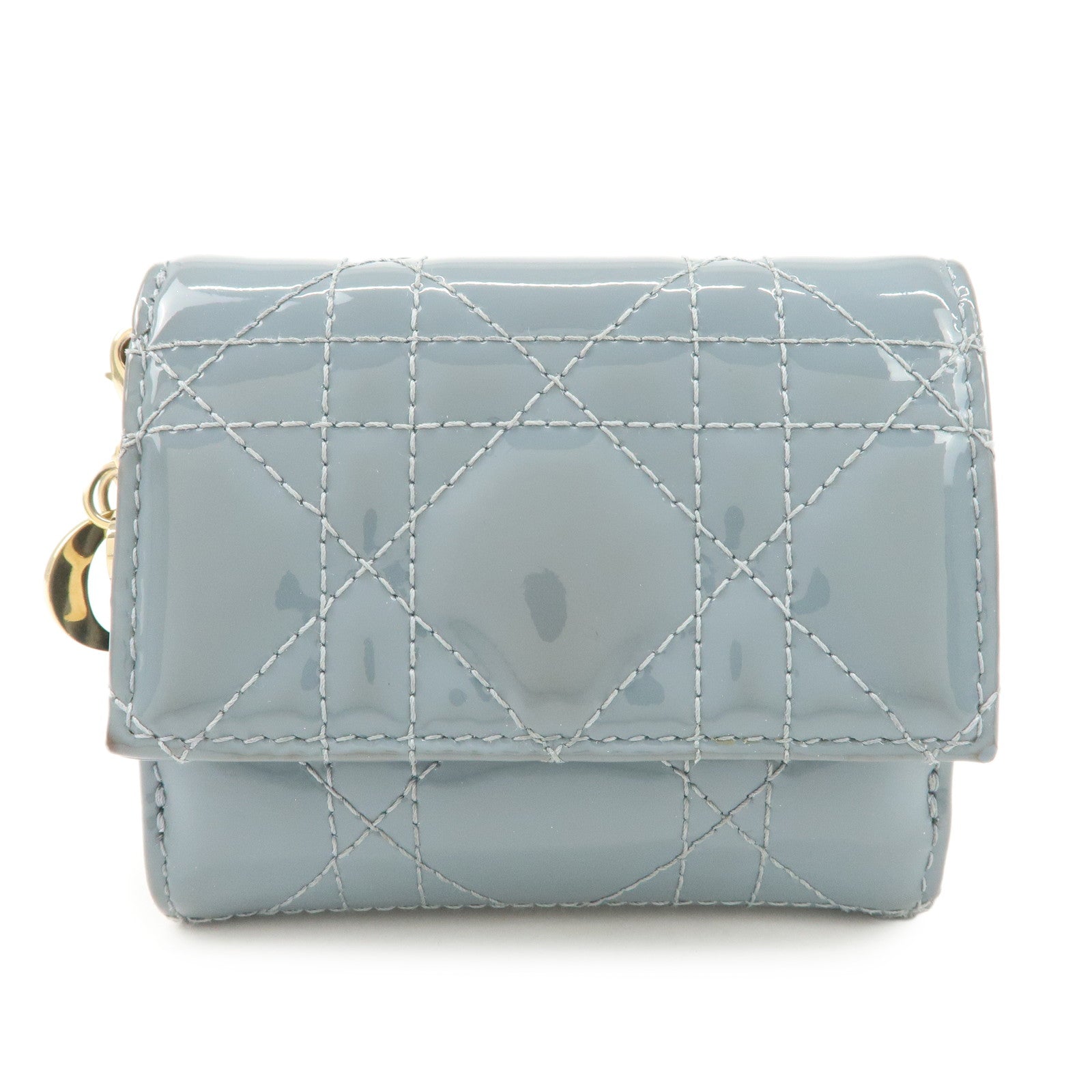 Christian Dior Cannage Patent Leather Compact Wallet Blue Used