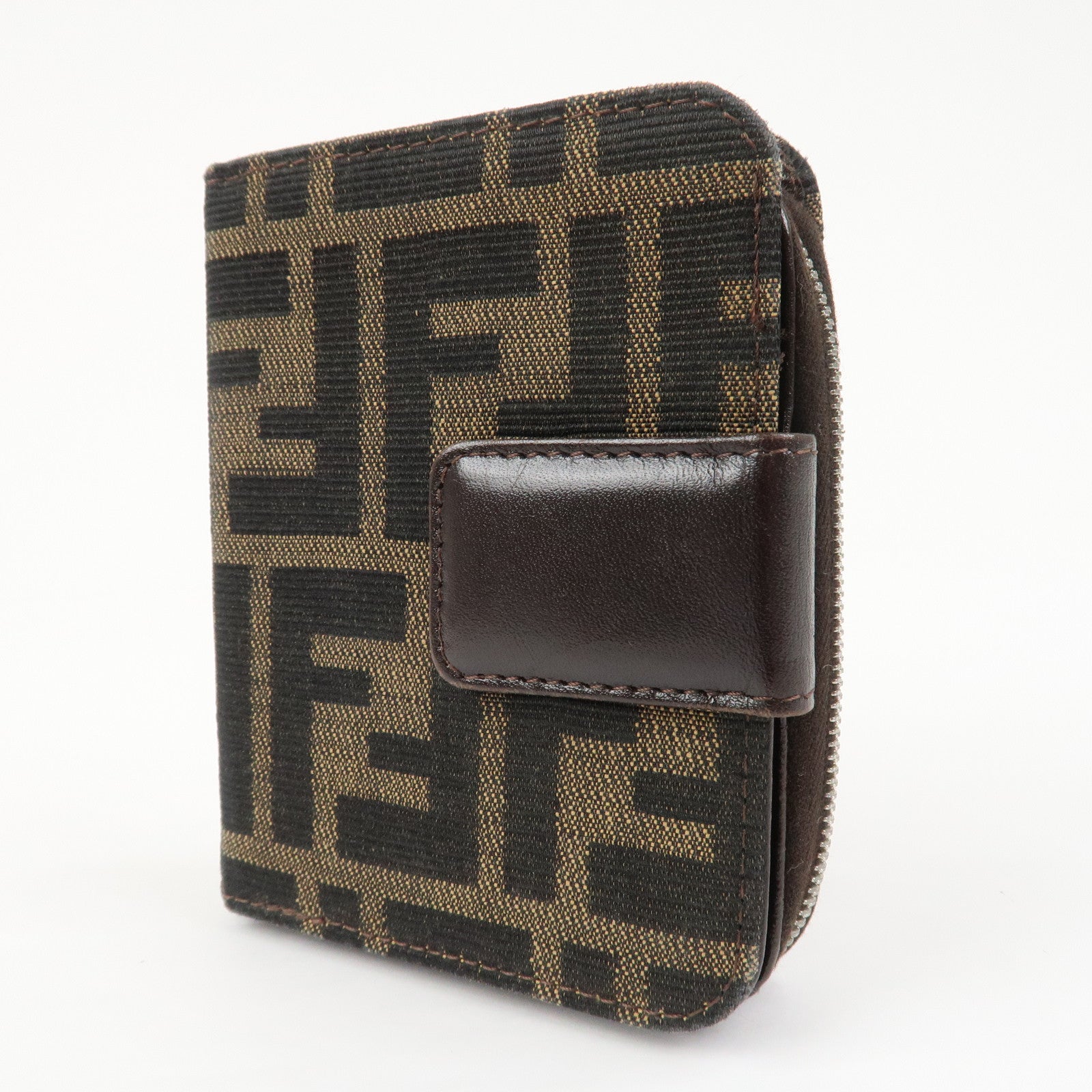 FENDI Zucca Canvas Leather Bi-fold Compact Wallet Brown Black 16348